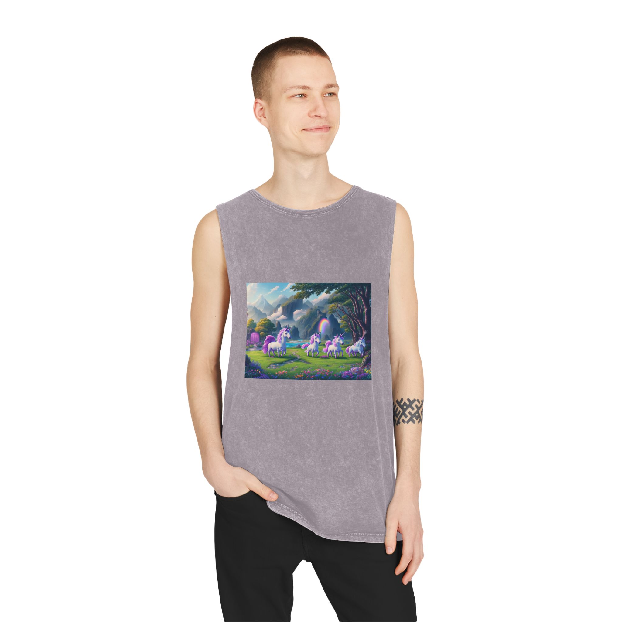 Painting Group Unicorns Landscape With Mountains Background Unisex Stonewash Tank Top - Image 19