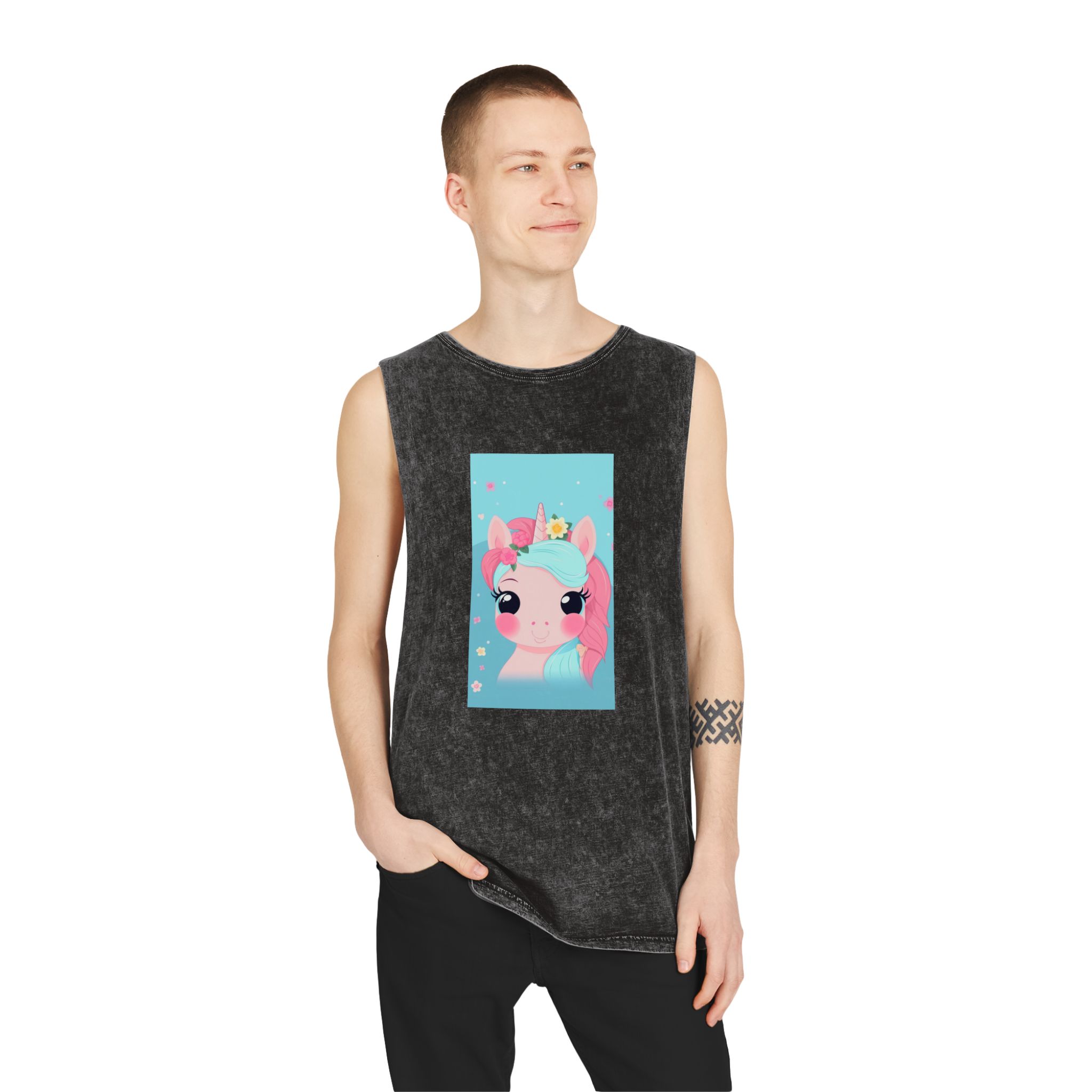 Close Up Cartoon Unicorn With Flower Crown Her Head Generative Ai Unisex Stonewash Tank Top - Image 3