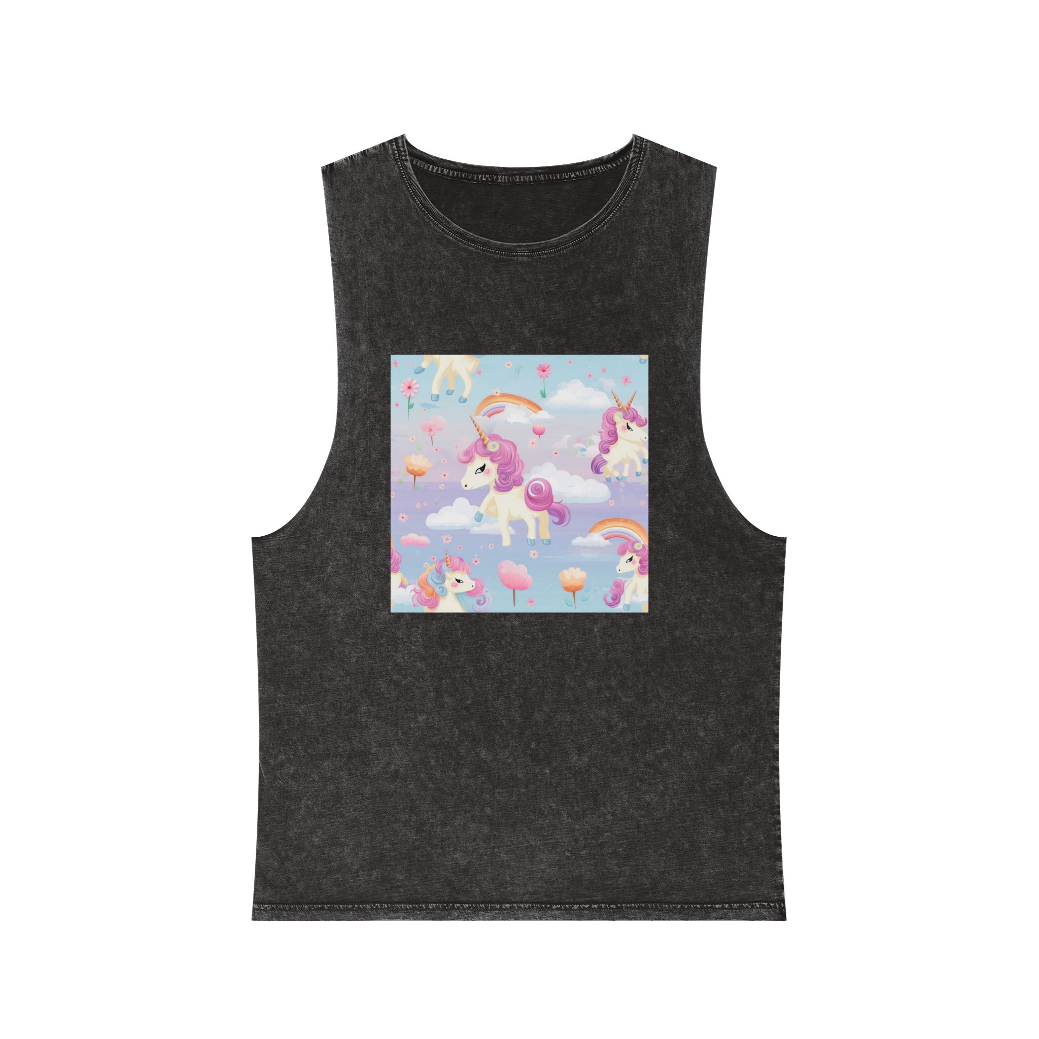 Playful Unicorns Flowers Clouds Rainbows Ice Creams Pastel Background (5) Unisex Stonewash Tank Top