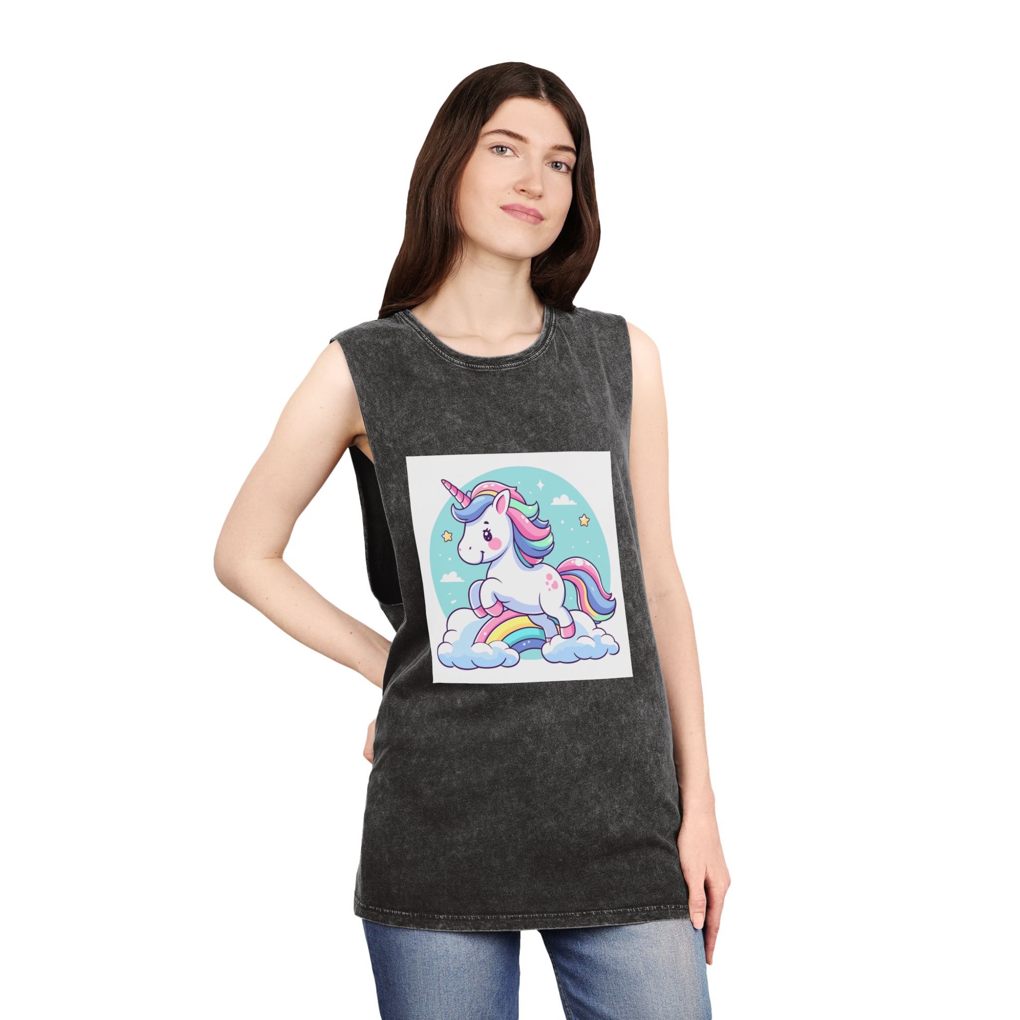 Cartoon Unicorn With Rainbow Its Tail Unisex Stonewash Tank Top - Image 4