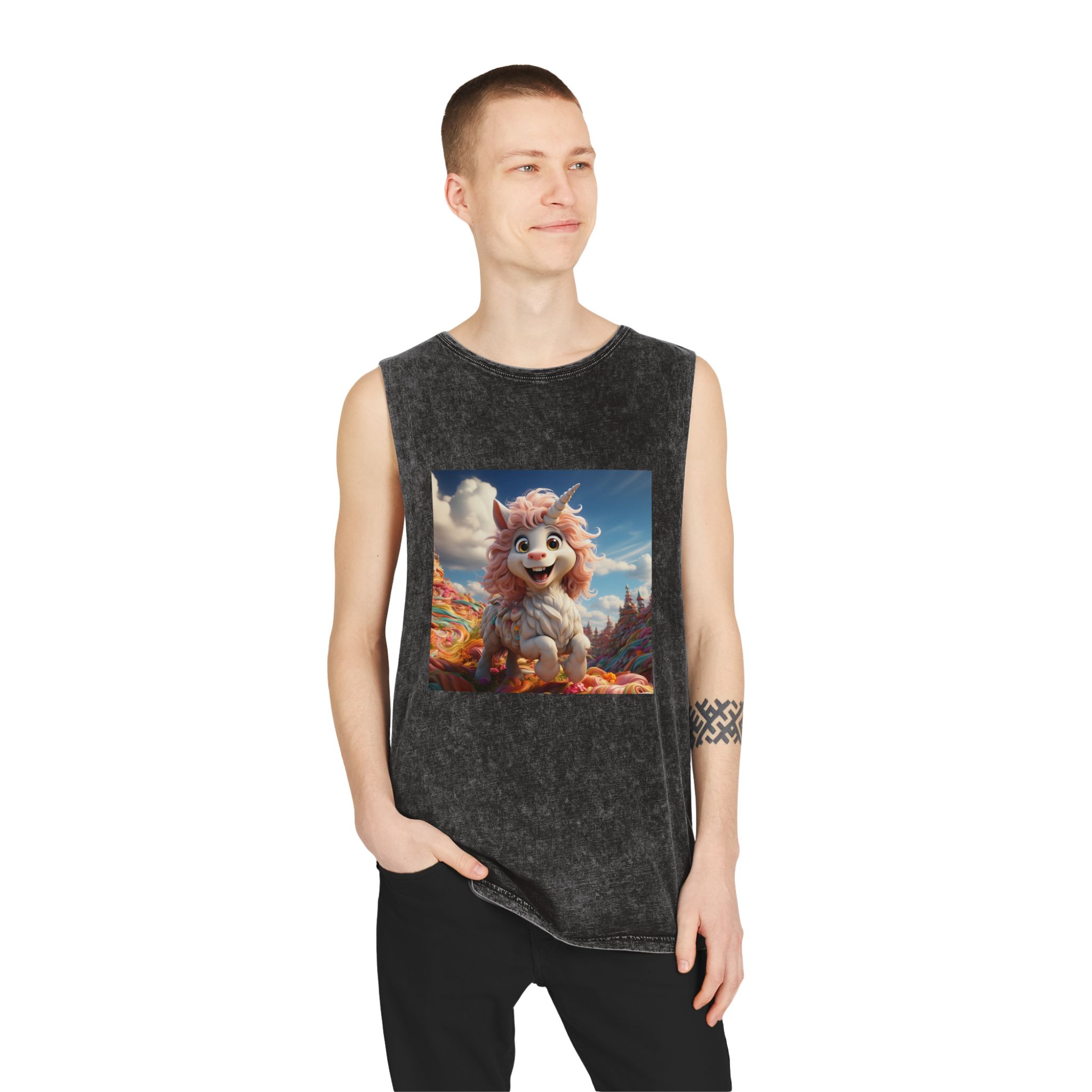 There Is Cartoon Unicorn That Is Standing Field Candy Generative Ai Unisex Stonewash Tank Top - Image 3