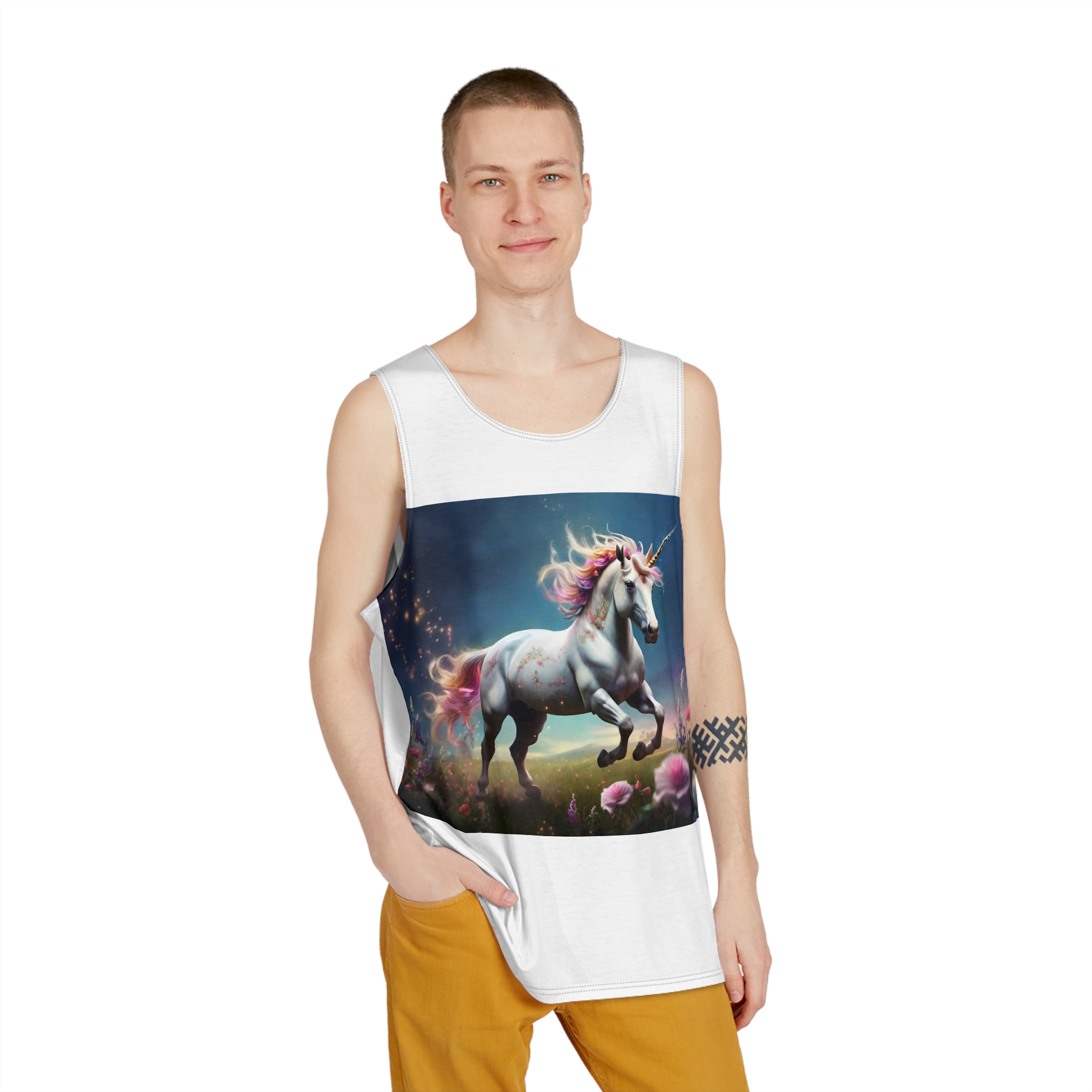 Beautiful Unicorn Running Magical Meadow Unicorn Background Images Whimsical Unicorn (18) Mens Tank Aop - Image 3