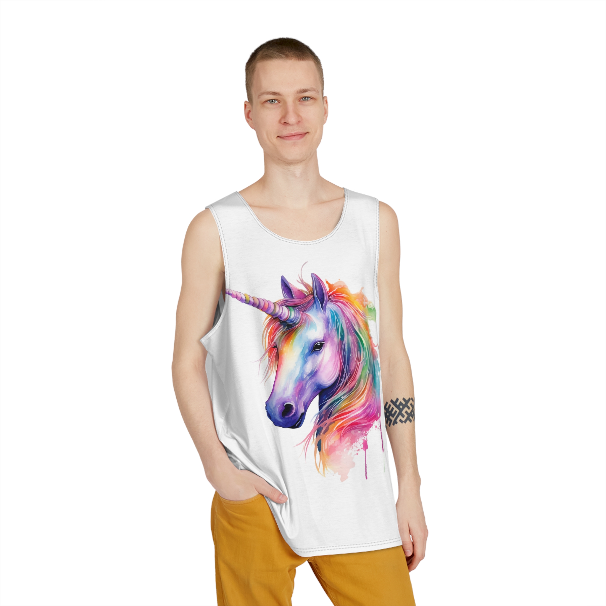Unicorn Portrait Watercolor Illustration Rainbow Animal Watercolor Character Isolated White Copy Mens Tank Aop - Image 3
