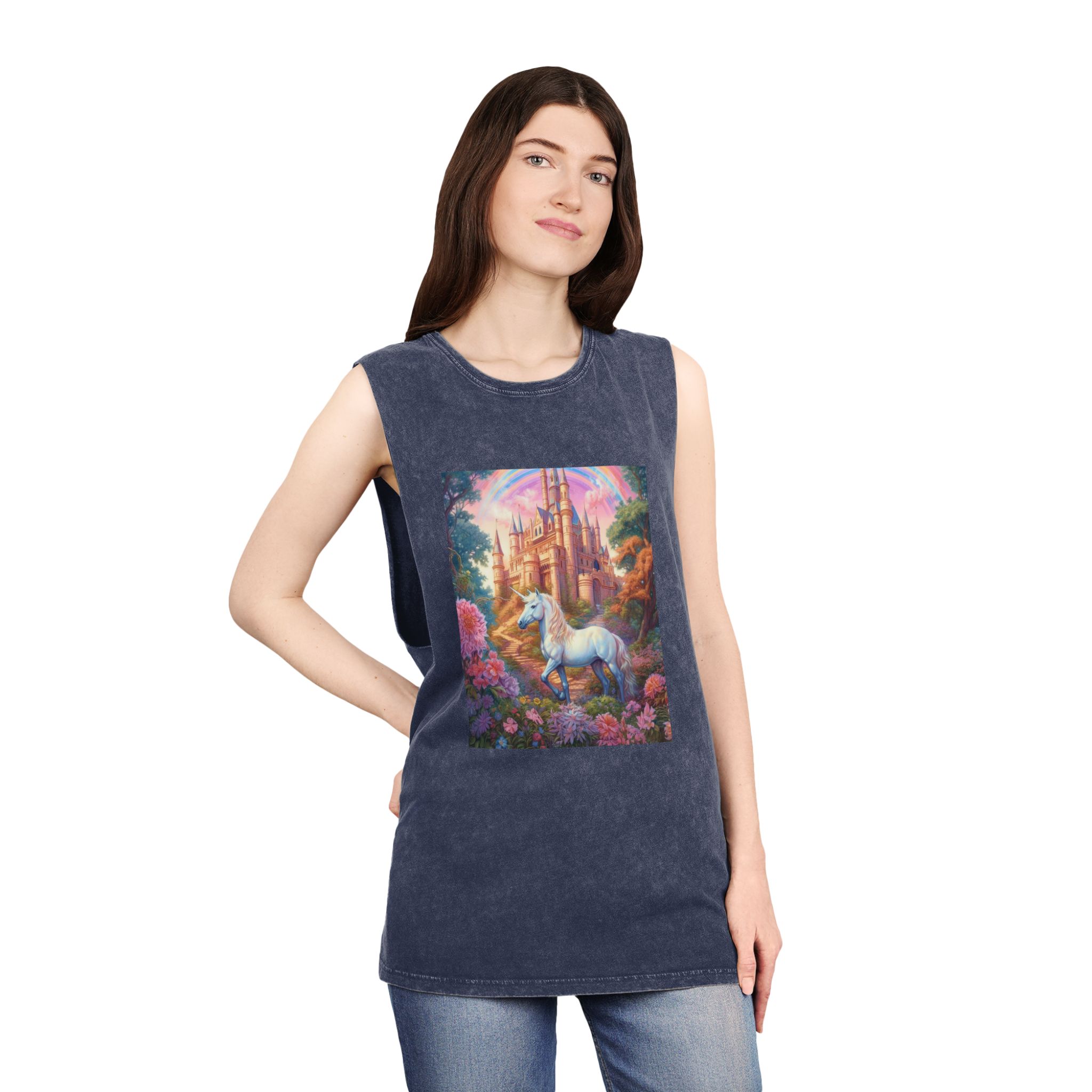 Painting Unicorn Front Castle With Rainbow Generative Ai Unisex Stonewash Tank Top - Image 16