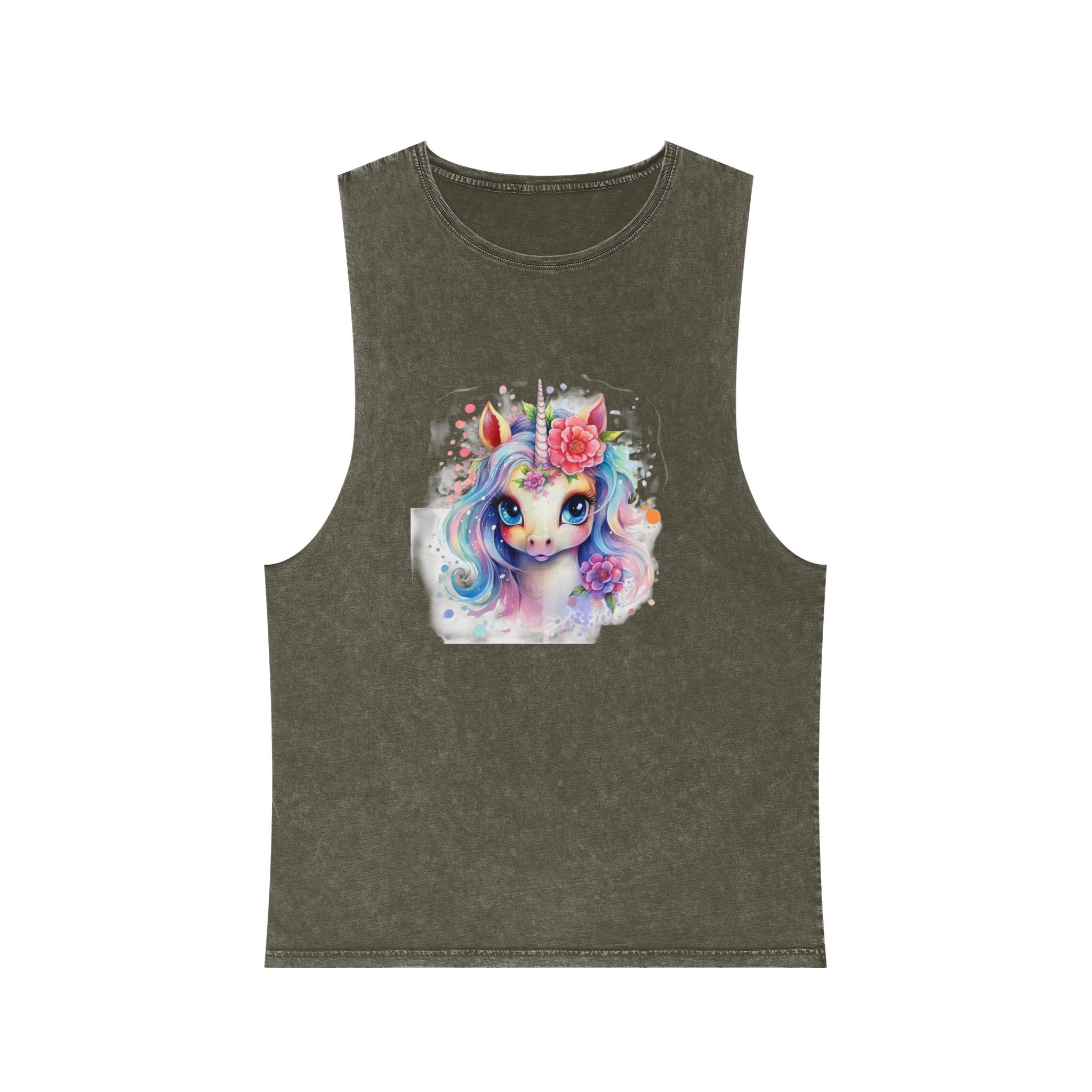 Cute Colorful Magic Unicorn With Flowers Watercolor Style (8) Copia Unisex Stonewash Tank Top - Image 5