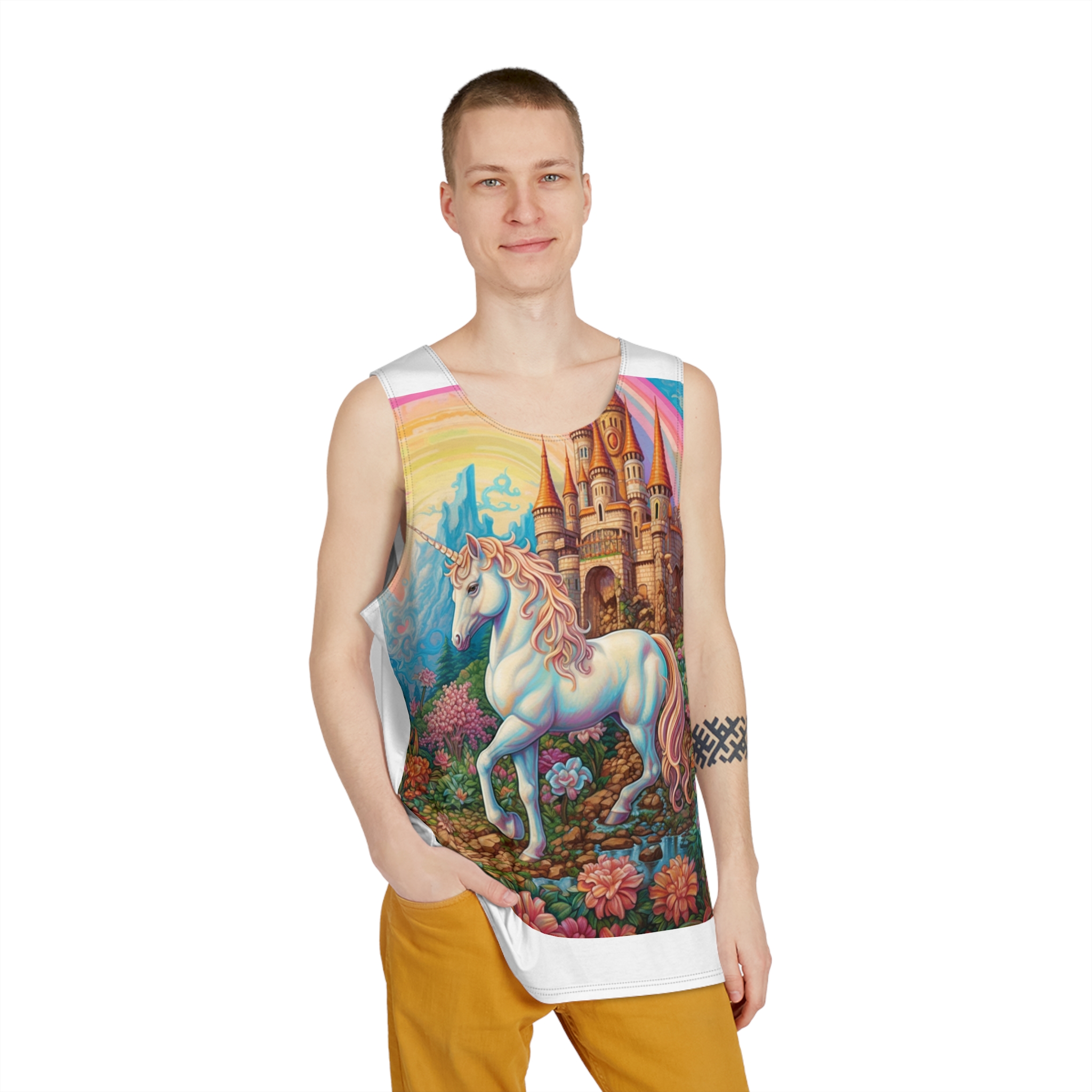 Painting Unicorn Fantasy Setting With Castle Background Generative Ai Copy Mens Tank Aop - Image 3
