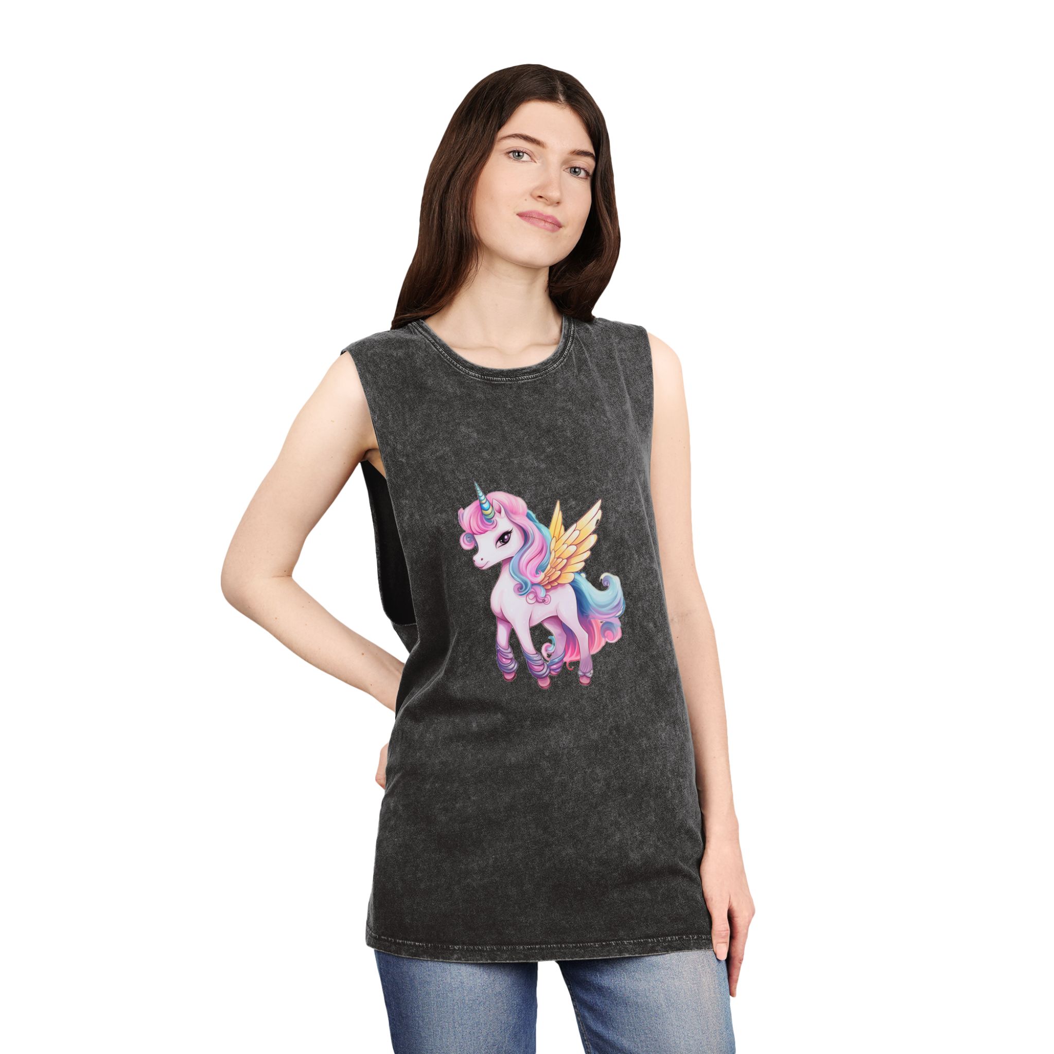There Is Cartoon Unicorn With Pink Mane Blue Tail Generative Ai Unisex Stonewash Tank Top - Image 4