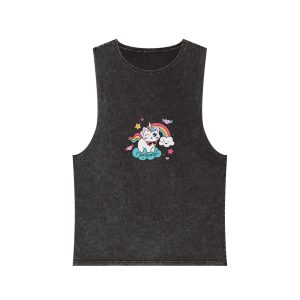 Cute Unicorn Cat With Rainbow Clouds Illustration Unisex Stonewash Tank Top