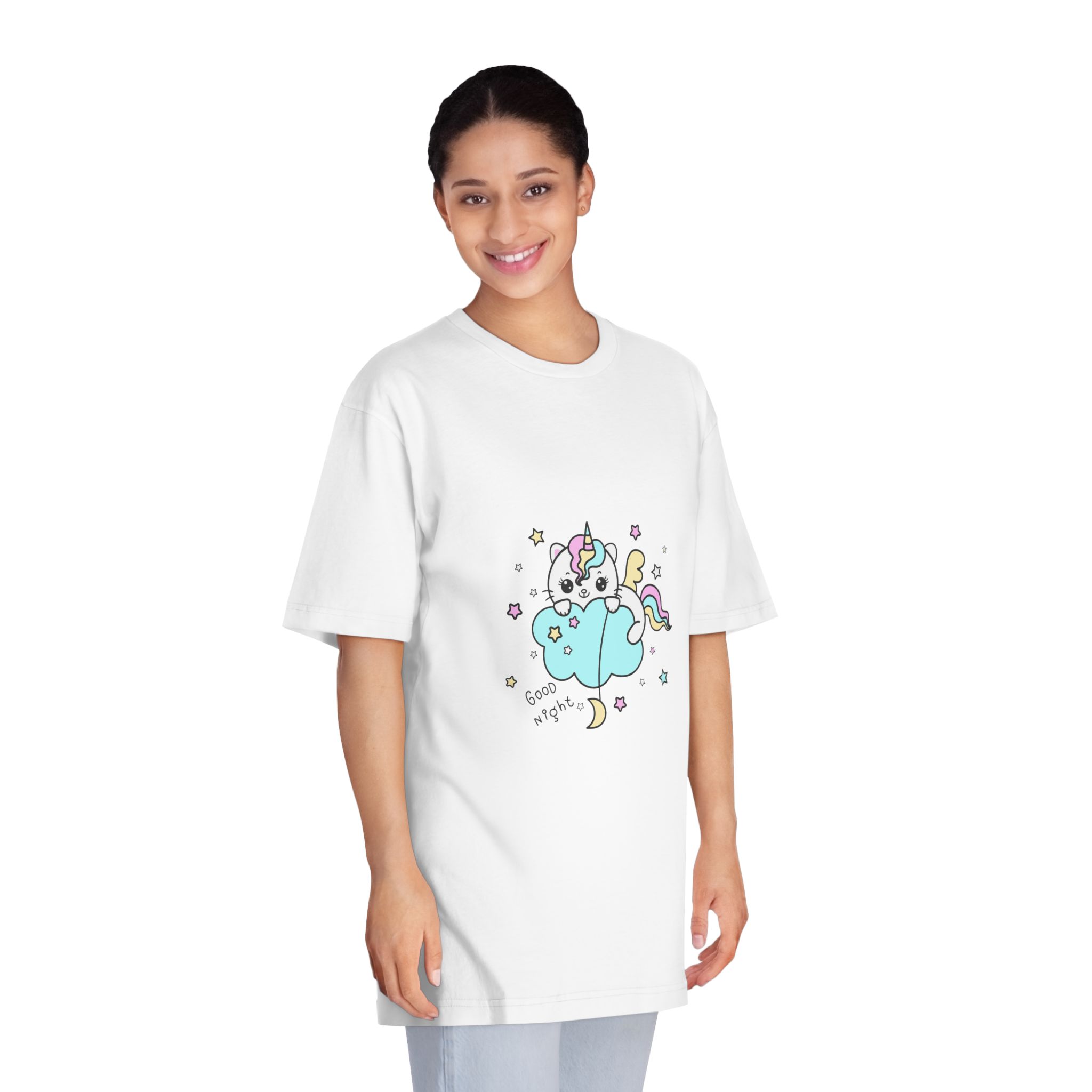 Cute Unicorn Cat Cloud Good Night Illustration Unisex Classic Crewneck T Shirt - Image 3