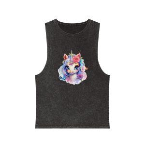Cute Colorful Magic Unicorn With Flowers Watercolor Style (8) Unisex Stonewash Tank Top