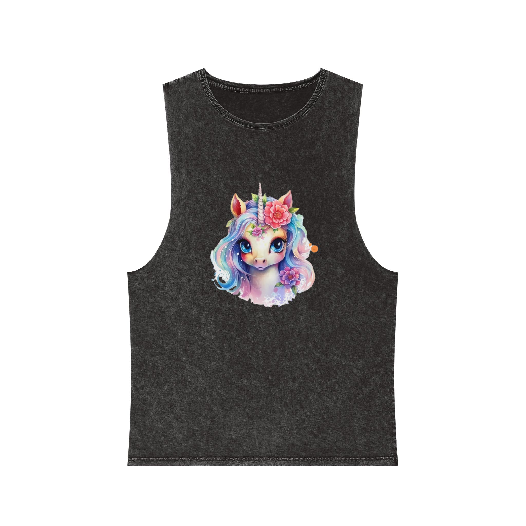 Cute Colorful Magic Unicorn With Flowers Watercolor Style (8) Unisex Stonewash Tank Top