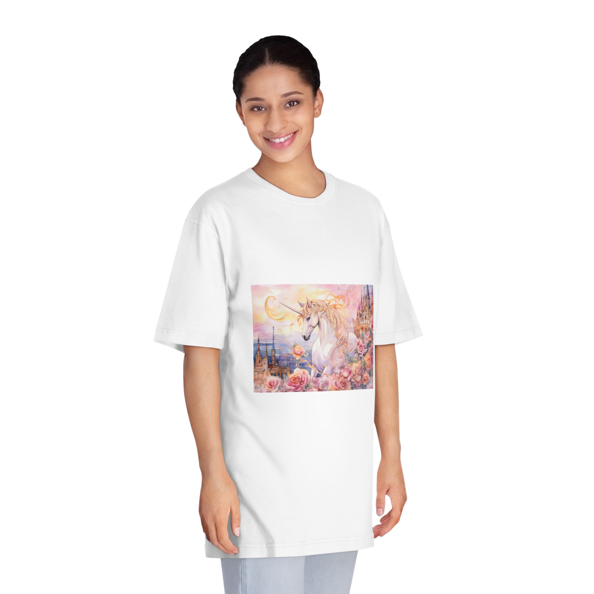 Painting Unicorn Castle With Roses Castle Background Generative Ai Unisex Classic Crewneck T Shirt - Image 3