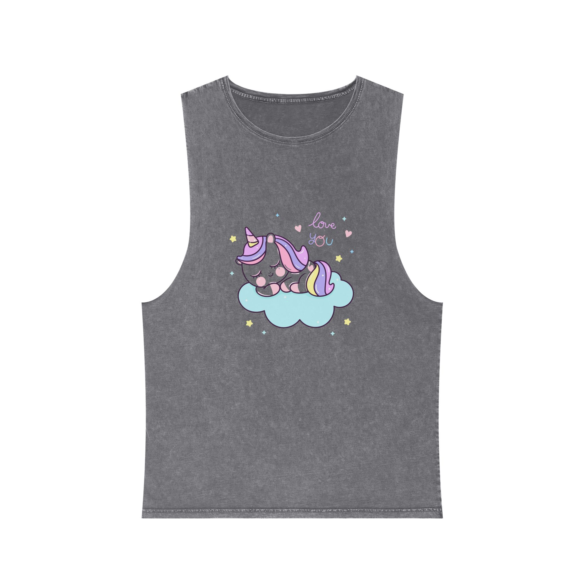 Cute Unicorn Sleep Cartoon Cloud Sweet Dream Kawaii Hand Drawn Unisex Stonewash Tank Top - Image 9