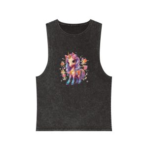 Illustration Unicorn Cartoon With Flower White Background Generative Ai (1) Unisex Stonewash Tank Top
