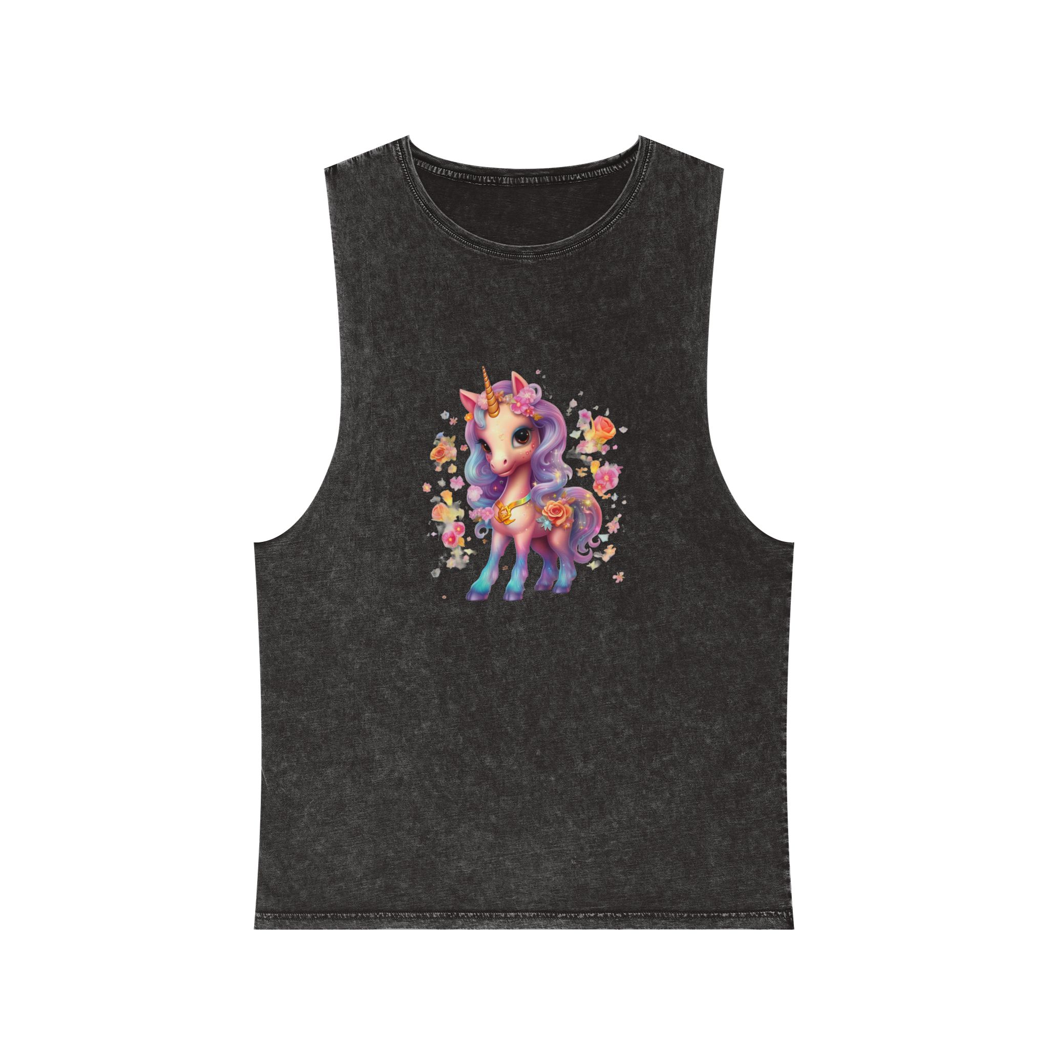Illustration Unicorn Cartoon With Flower White Background Generative Ai (1) Unisex Stonewash Tank Top