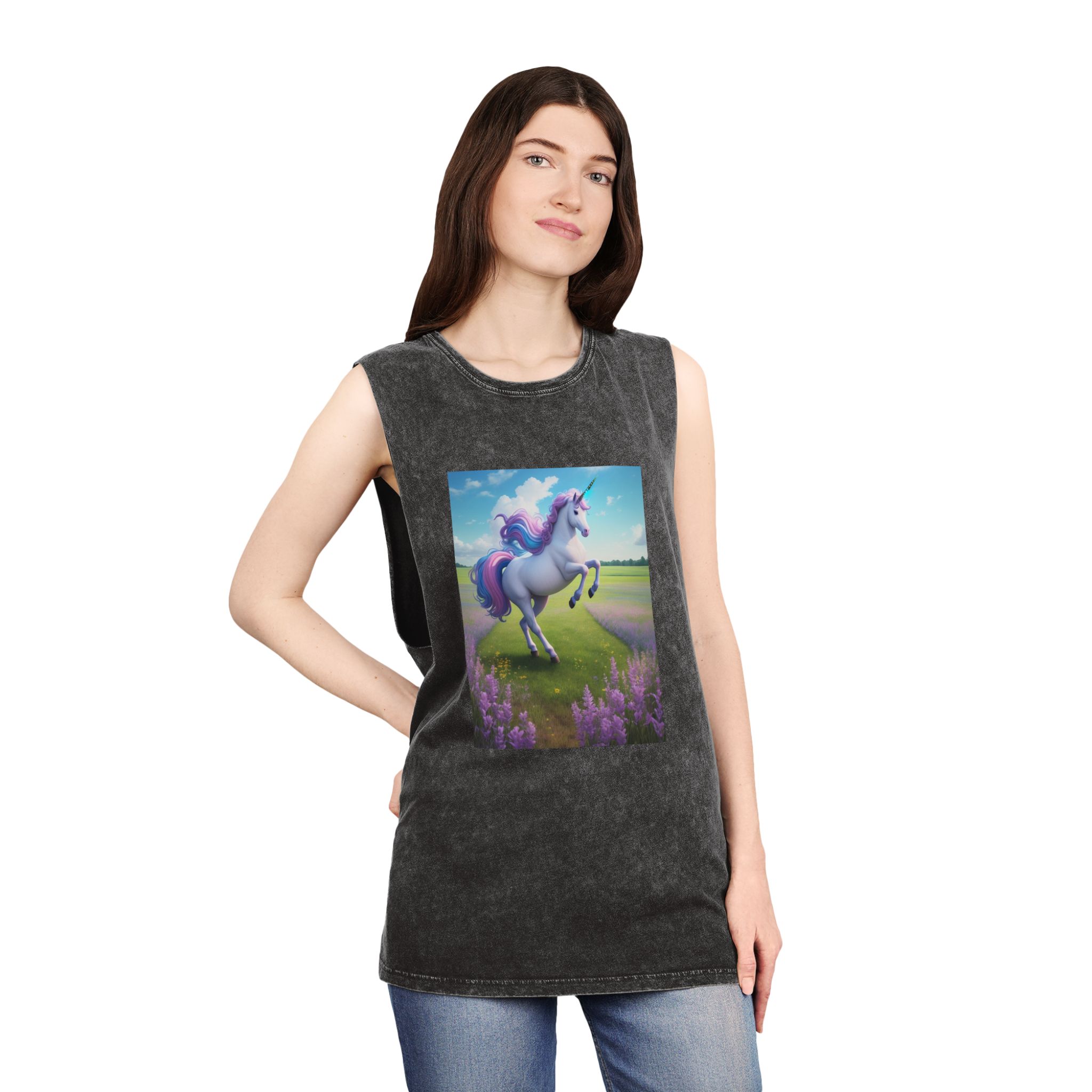 Beautiful Unicorn Running Magical Meadow Unicorn Background Images Whimsical Unicorn (24) Unisex Stonewash Tank Top - Image 4