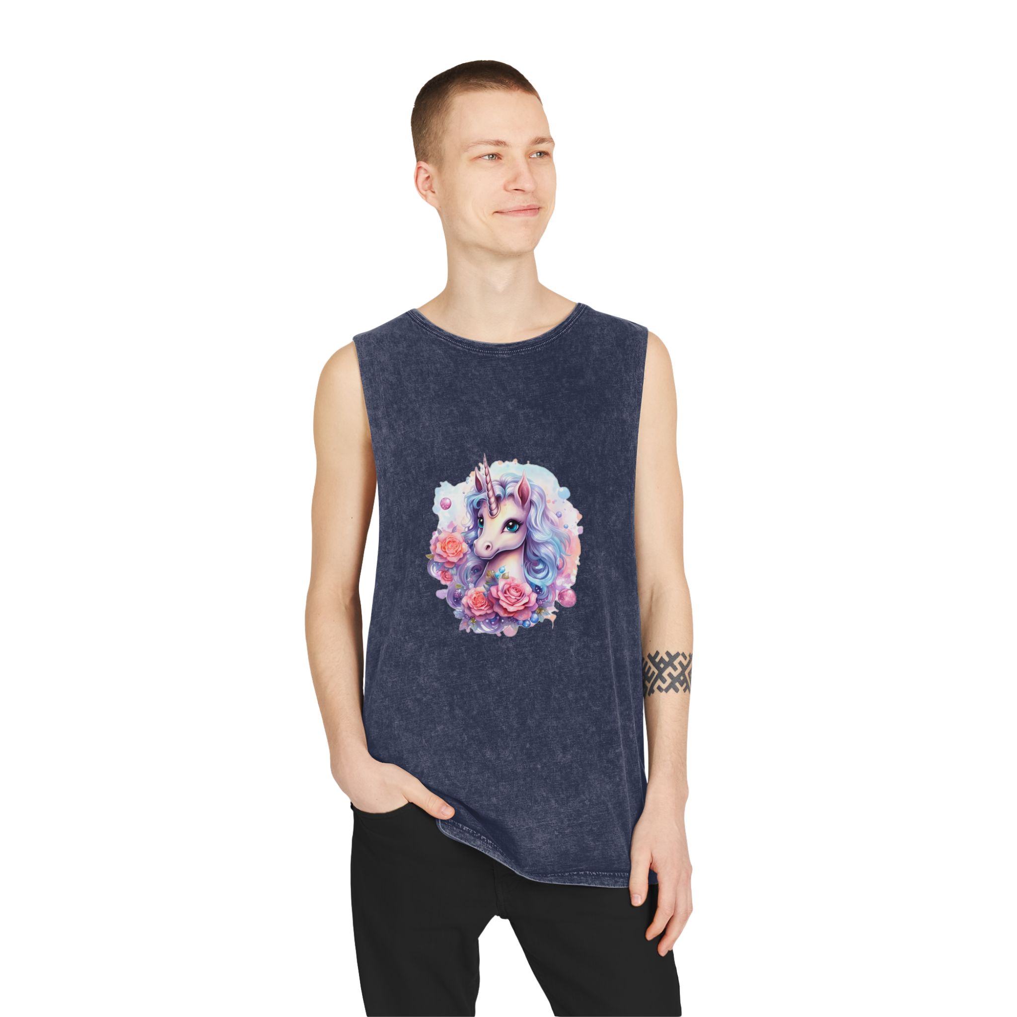 Cute Colorful Magic Unicorn With Flowers Watercolor Style (8) Copy Unisex Stonewash Tank Top - Image 15