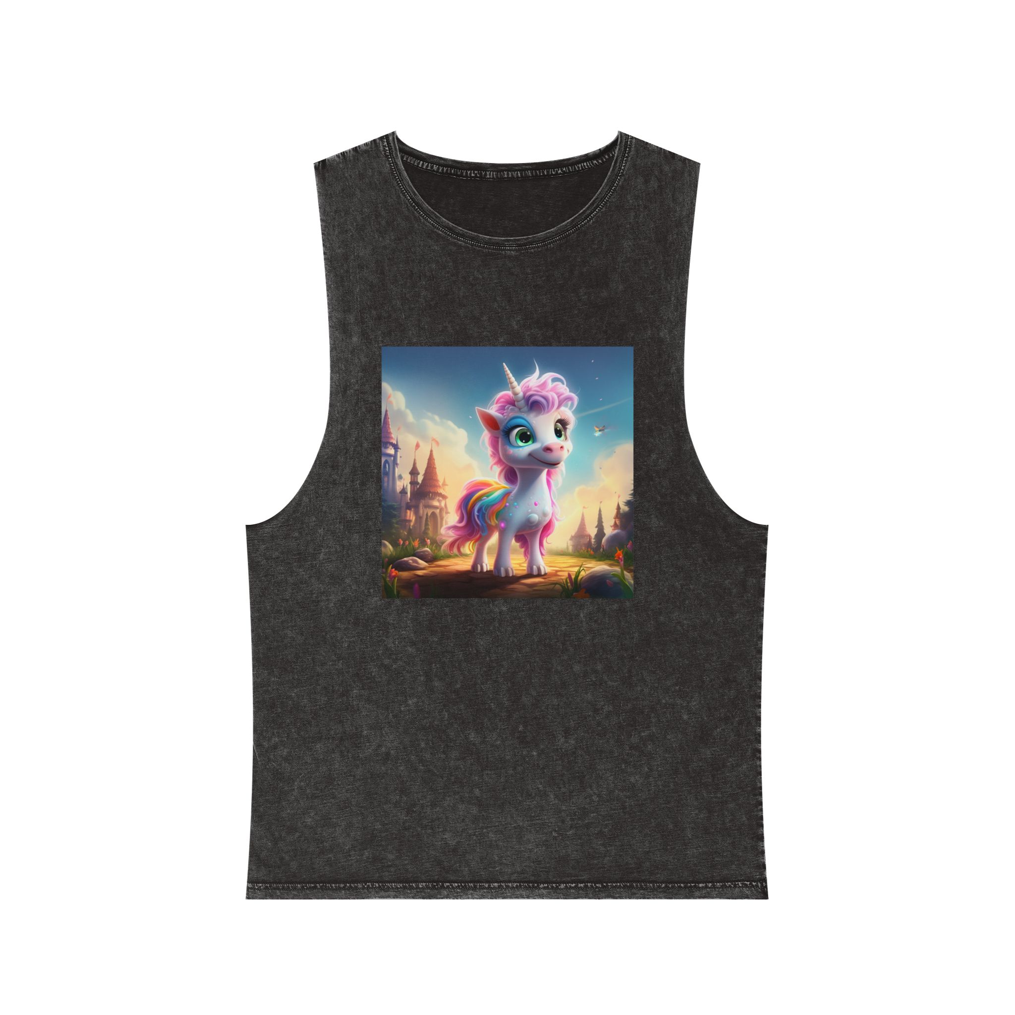 Unicorn Standing Rock Front Castle Generative Ai Unisex Stonewash Tank Top