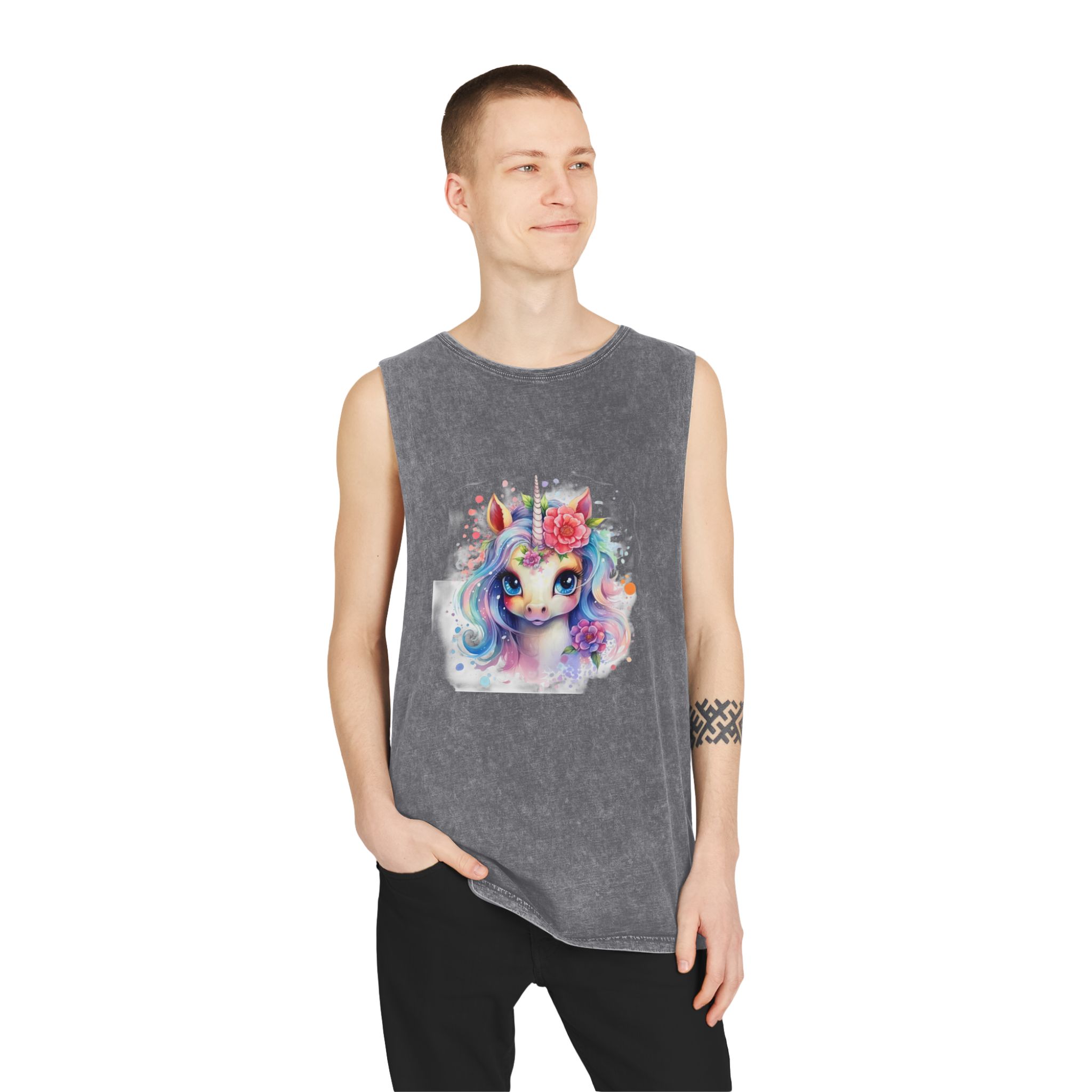 Cute Colorful Magic Unicorn With Flowers Watercolor Style (8) Copia Unisex Stonewash Tank Top - Image 11