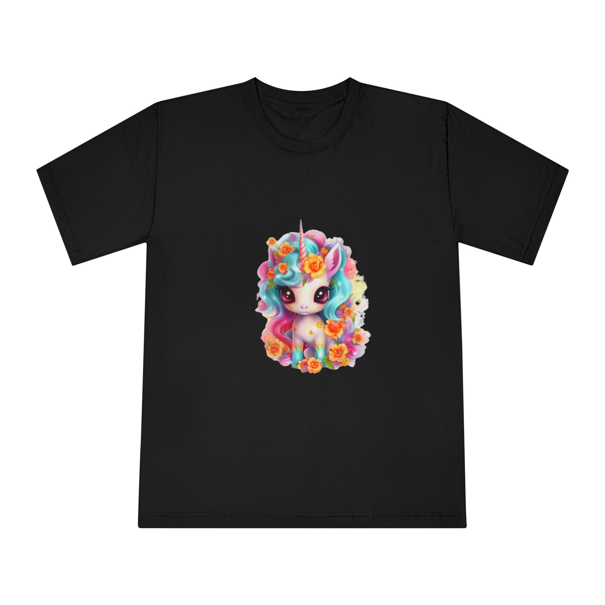 Illustration Unicorn Cartoon With Flower White Background Generative Ai (2) Unisex Classic Crewneck T Shirt - Image 5