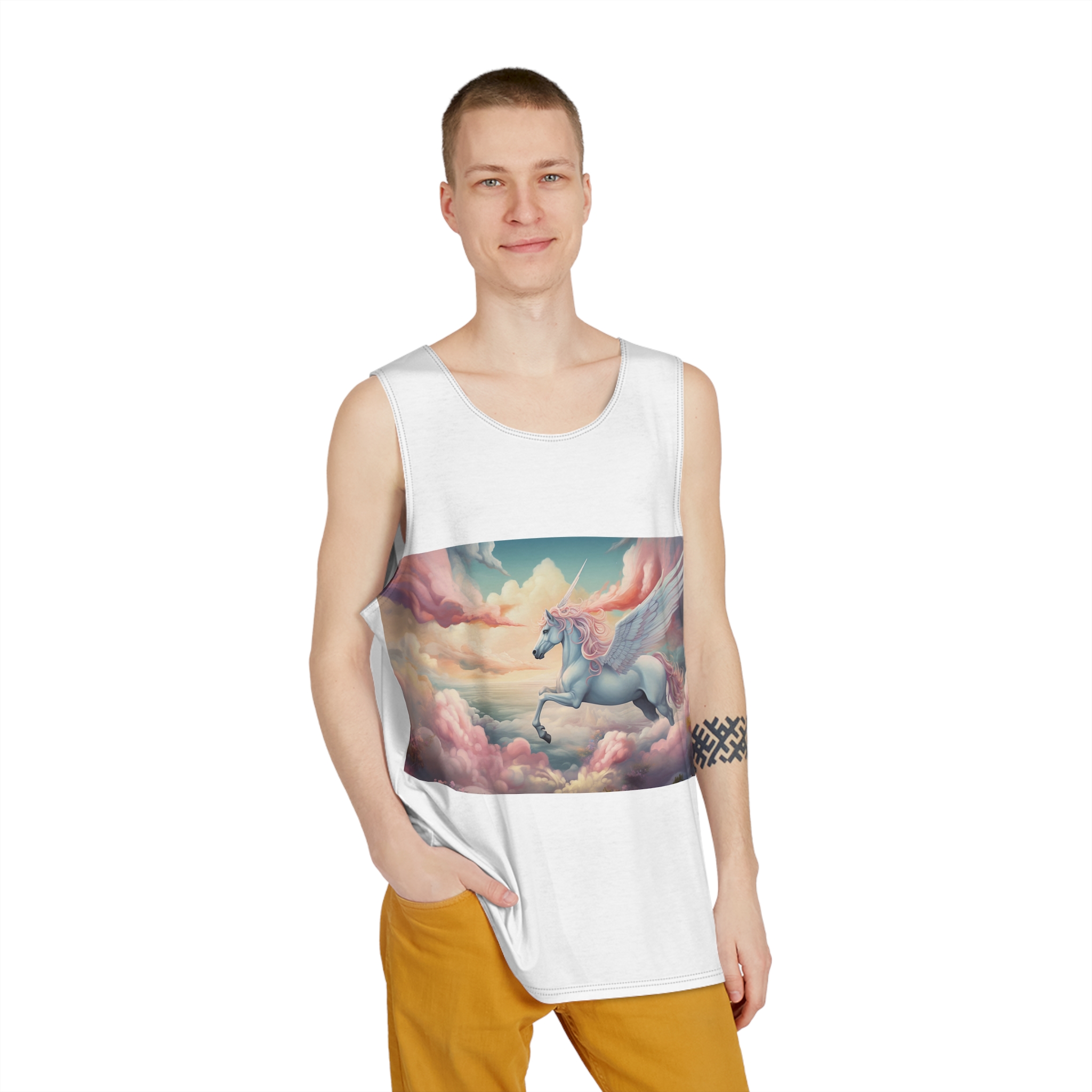 Painting White Unicorn With Pink Mane Wings Flying Through Sky Generative Ai Mens Tank Aop - Image 3
