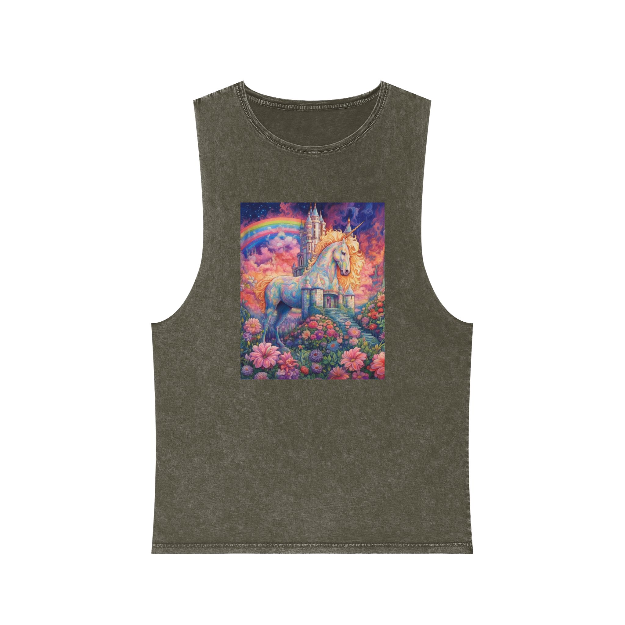Painting Unicorn Field Flowers With Castle Background Generative Ai Unisex Stonewash Tank Top - Image 5