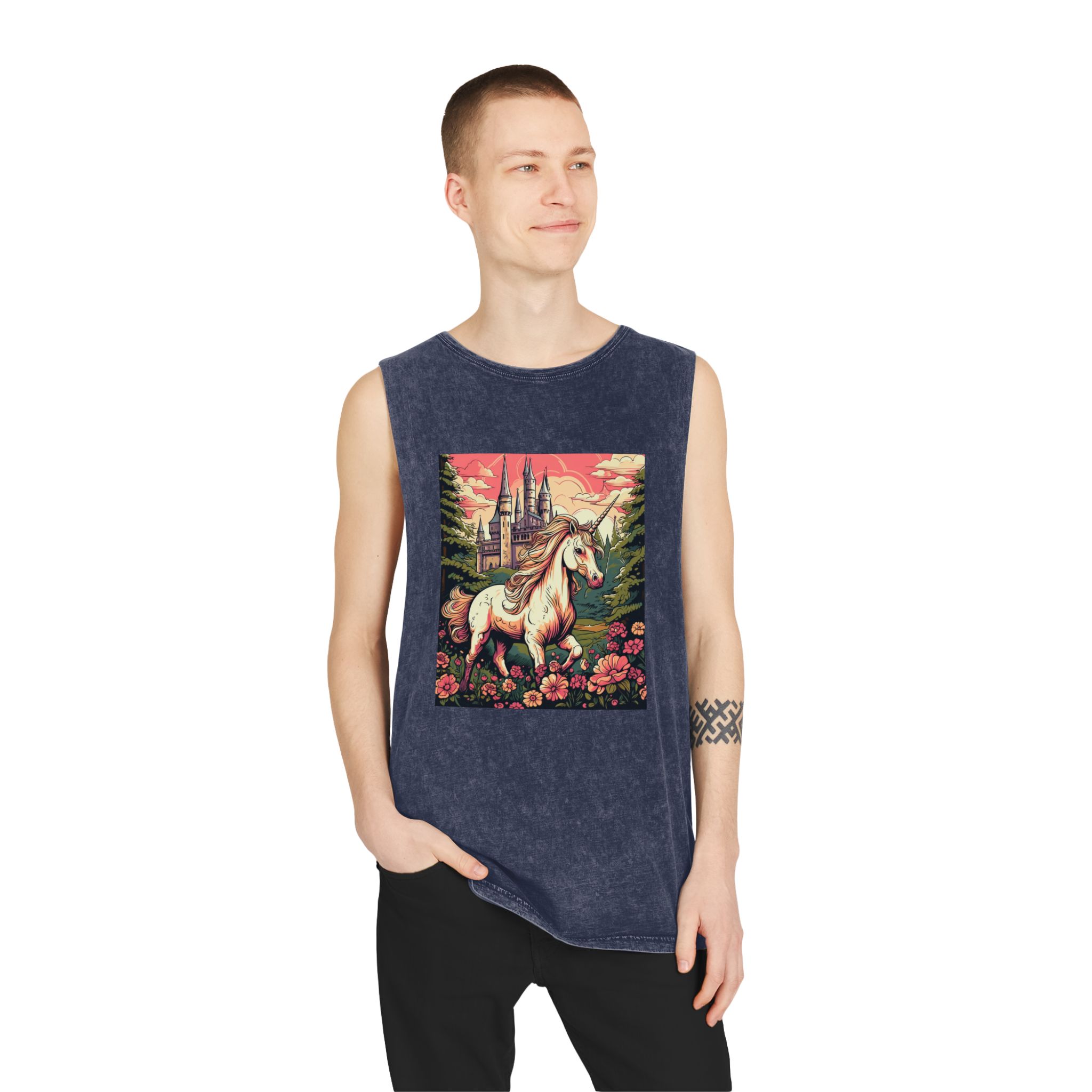 Unicorn Front Castle With Flowers Trees Generative Ai Unisex Stonewash Tank Top - Image 15