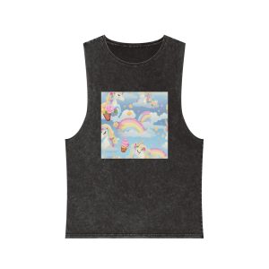 Playful Unicorns Among Flowers Clouds Rainbows Ice Creams Pastel Background (3) Unisex Stonewash Tank Top