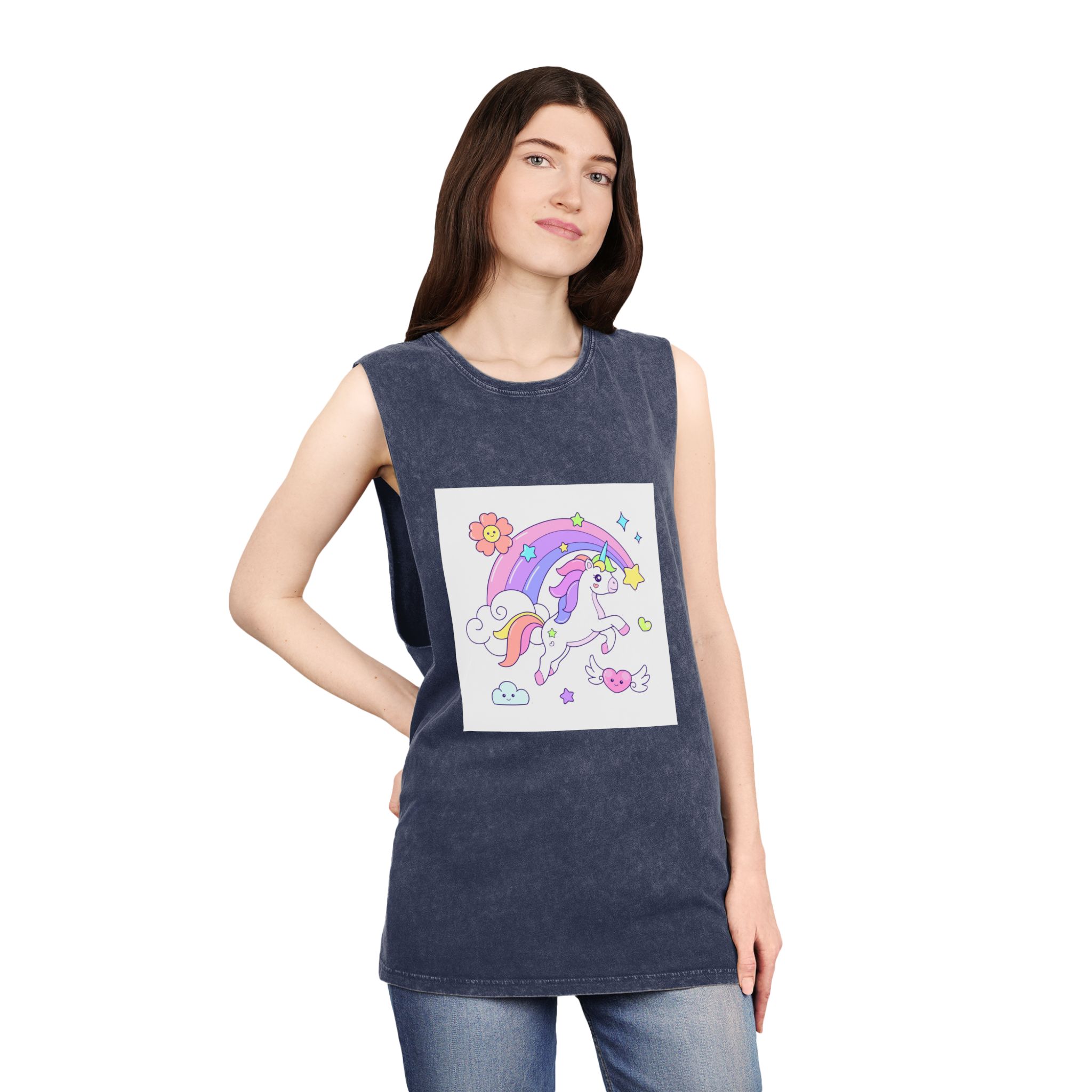 Cute Unicorn Flying Over the Rainbow Illustration Unisex Stonewash Tank Top - Image 16