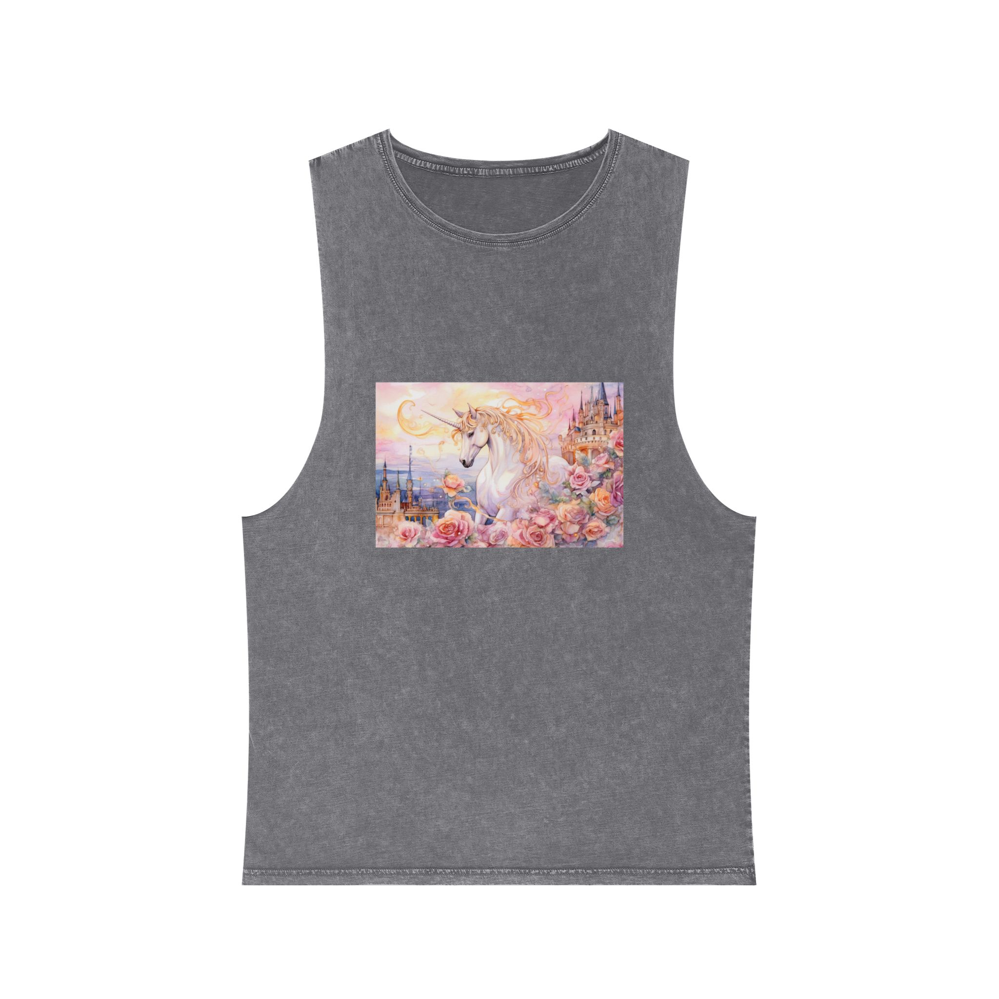 Painting Unicorn Castle With Roses Castle Background Generative Ai Unisex Stonewash Tank Top - Image 9