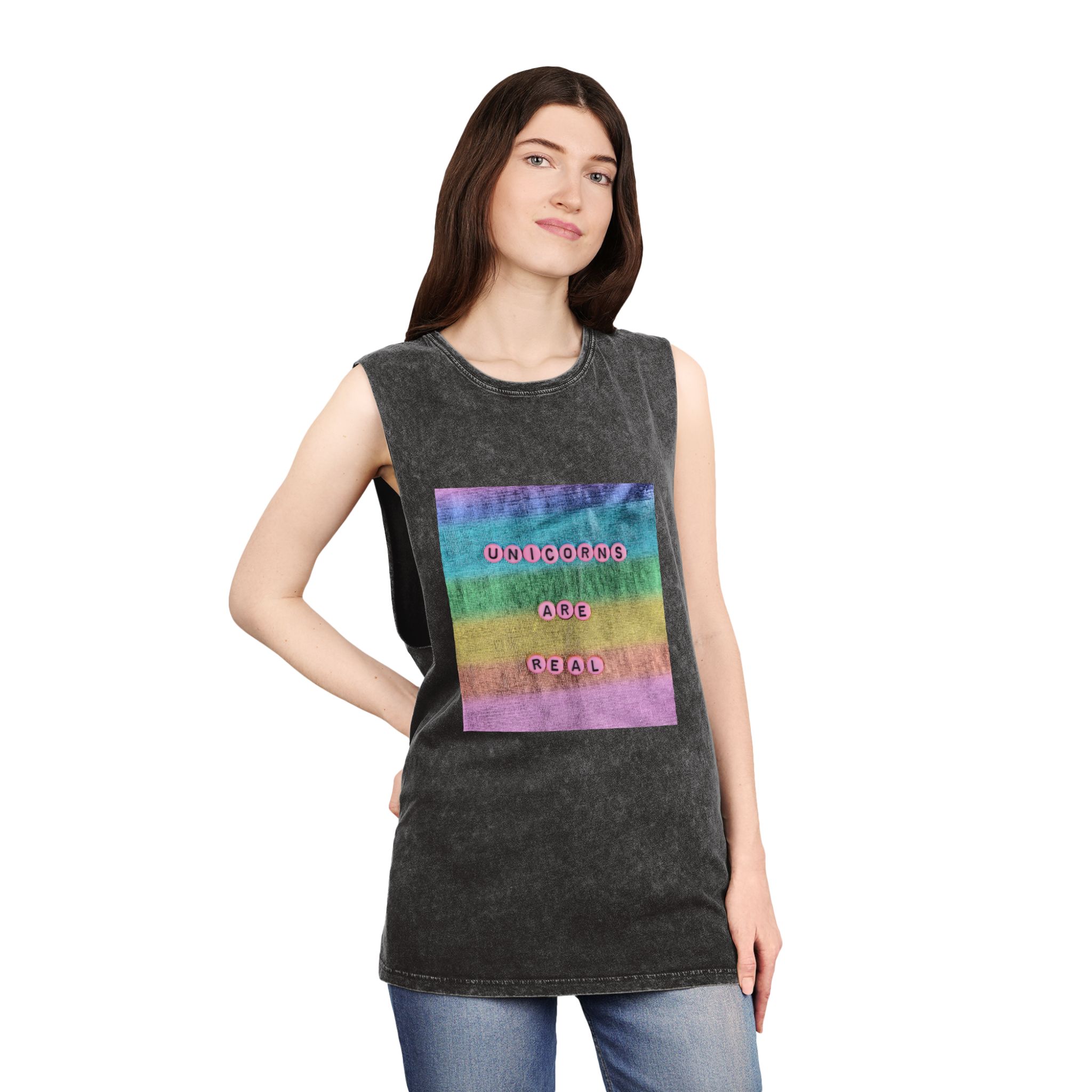 Pink Unicorns Are Real Beads Message Typography Unisex Stonewash Tank Top - Image 4