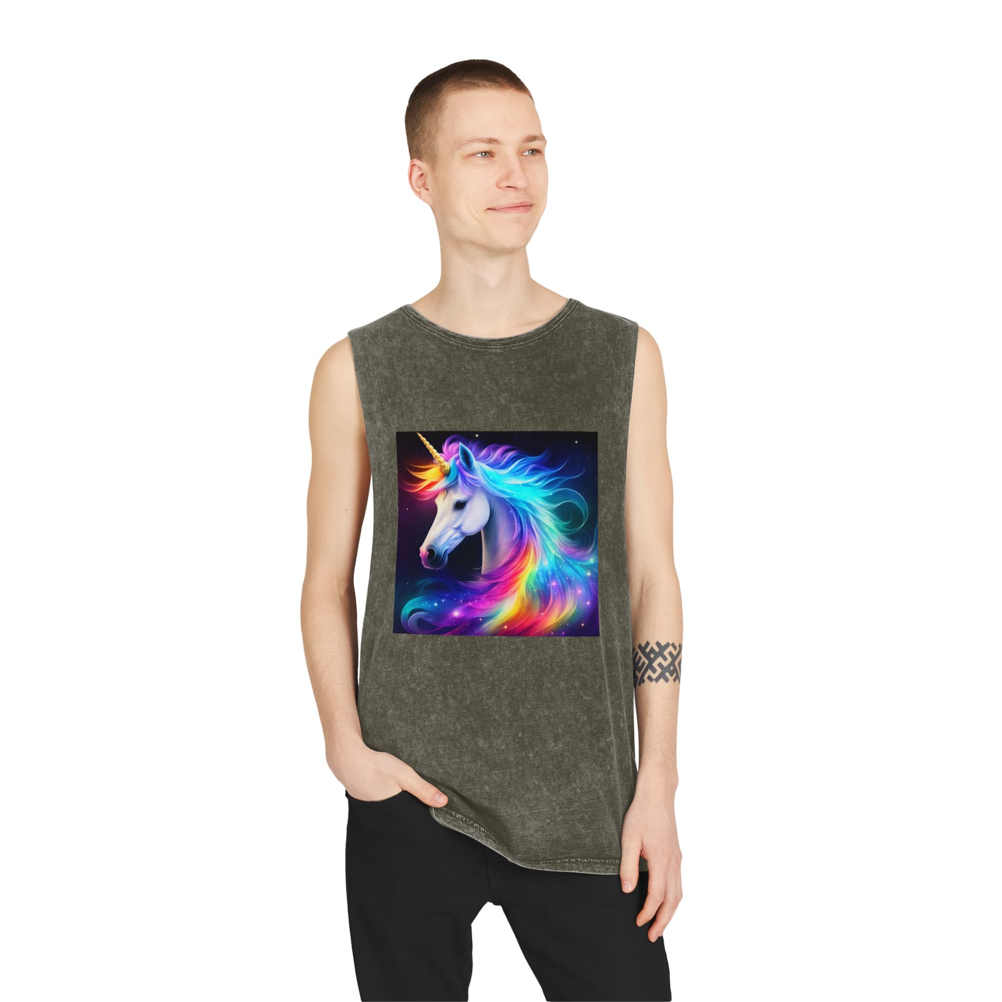 Portrait Unicorn Isolated Stars Background Generative Artificial Intelligence Unisex Stonewash Tank Top - Image 7