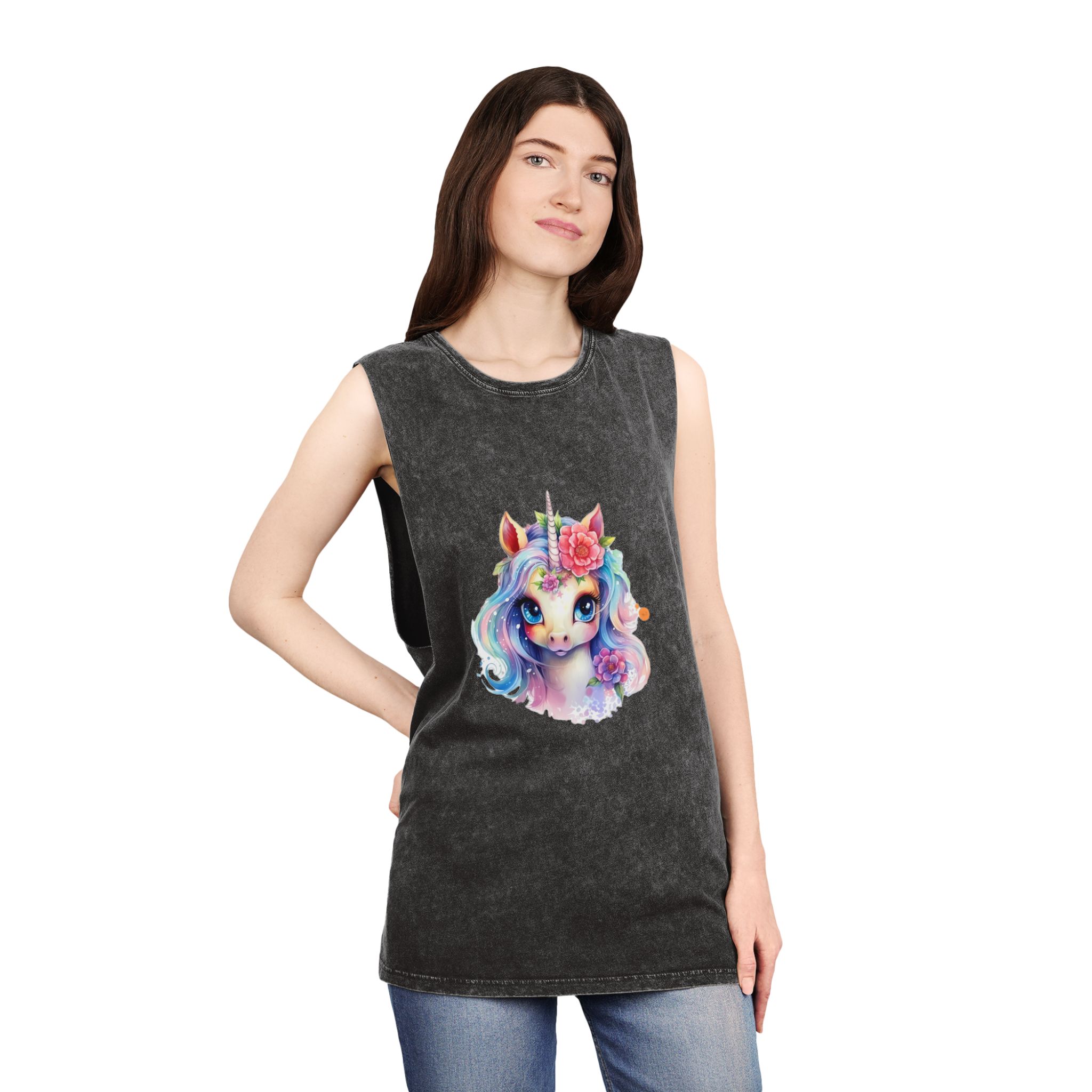 Cute Colorful Magic Unicorn With Flowers Watercolor Style (8) Unisex Stonewash Tank Top - Image 4