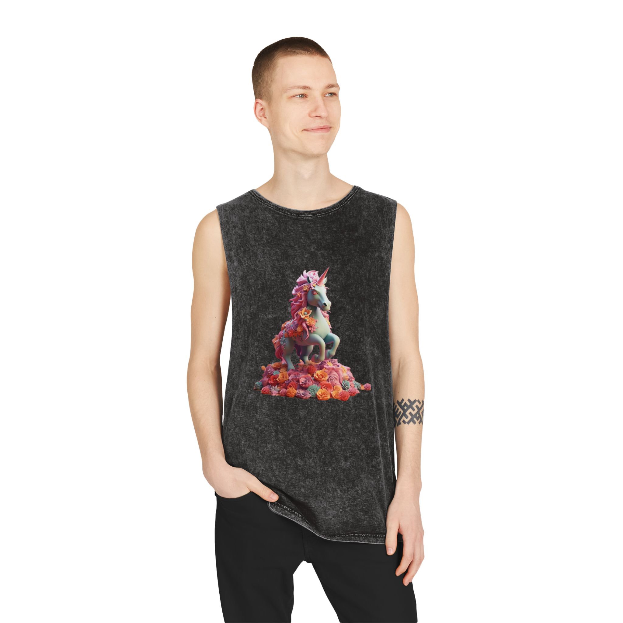 Colorful 3d Mythical Unicorn (3) Copy Unisex Stonewash Tank Top - Image 3