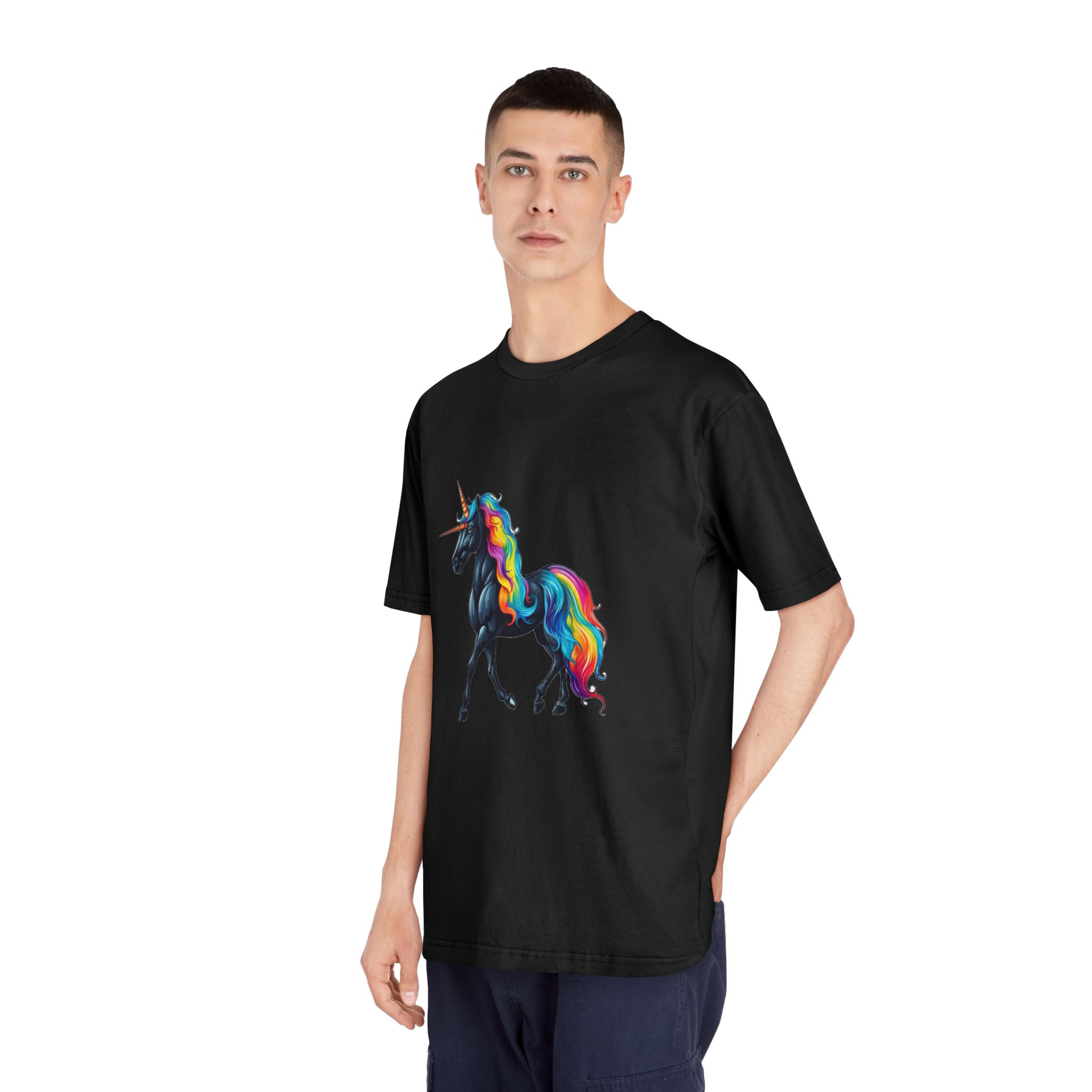 Black Unicorn With Rainbow Mane Horn Generative Ai Unisex Classic Crewneck T Shirt - Image 8