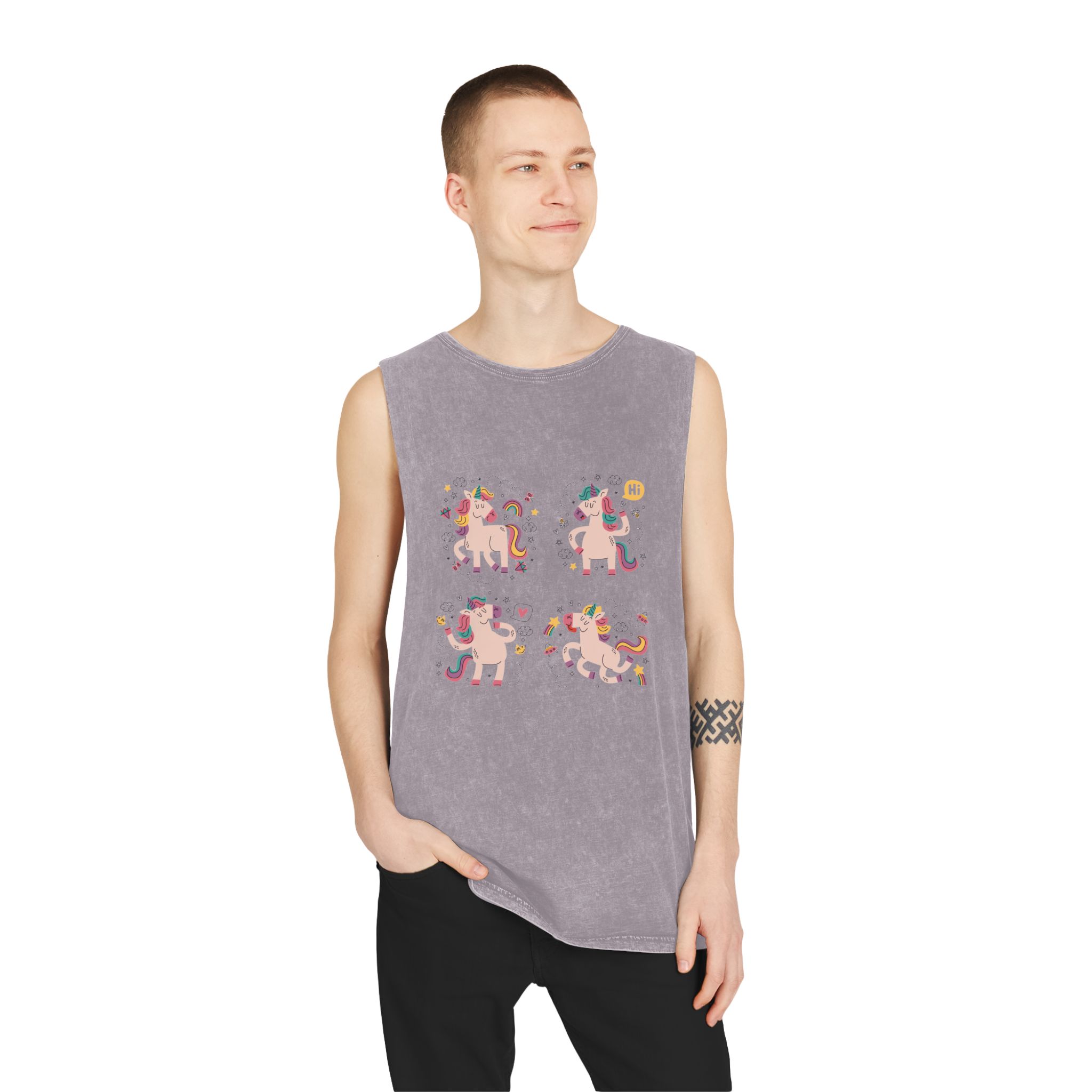 Doodle Hand Drawn Unicorn Stickers Unisex Stonewash Tank Top - Image 19