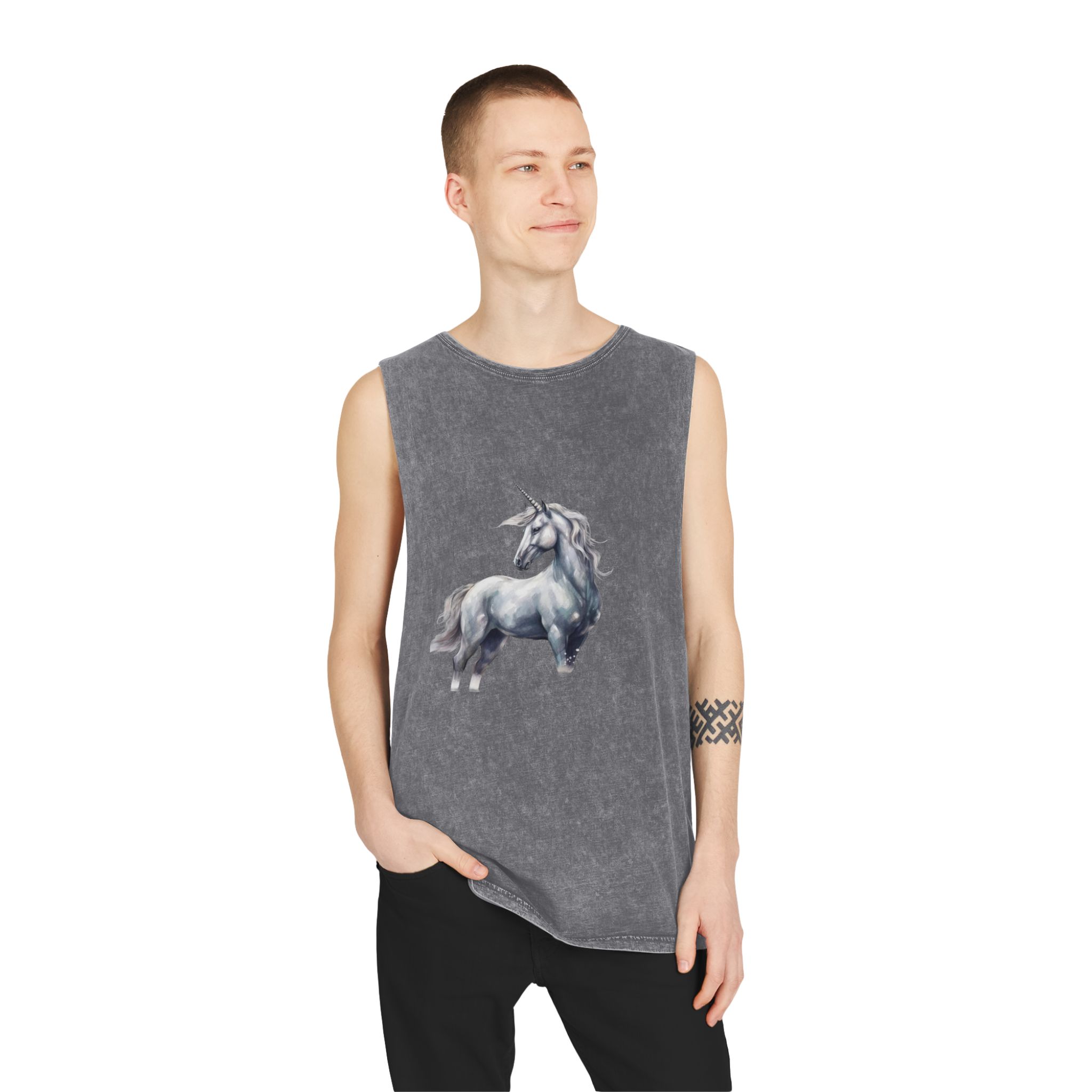 Painting White Unicorn With Long Horn Standing Snow Generative Ai Unisex Stonewash Tank Top - Image 11