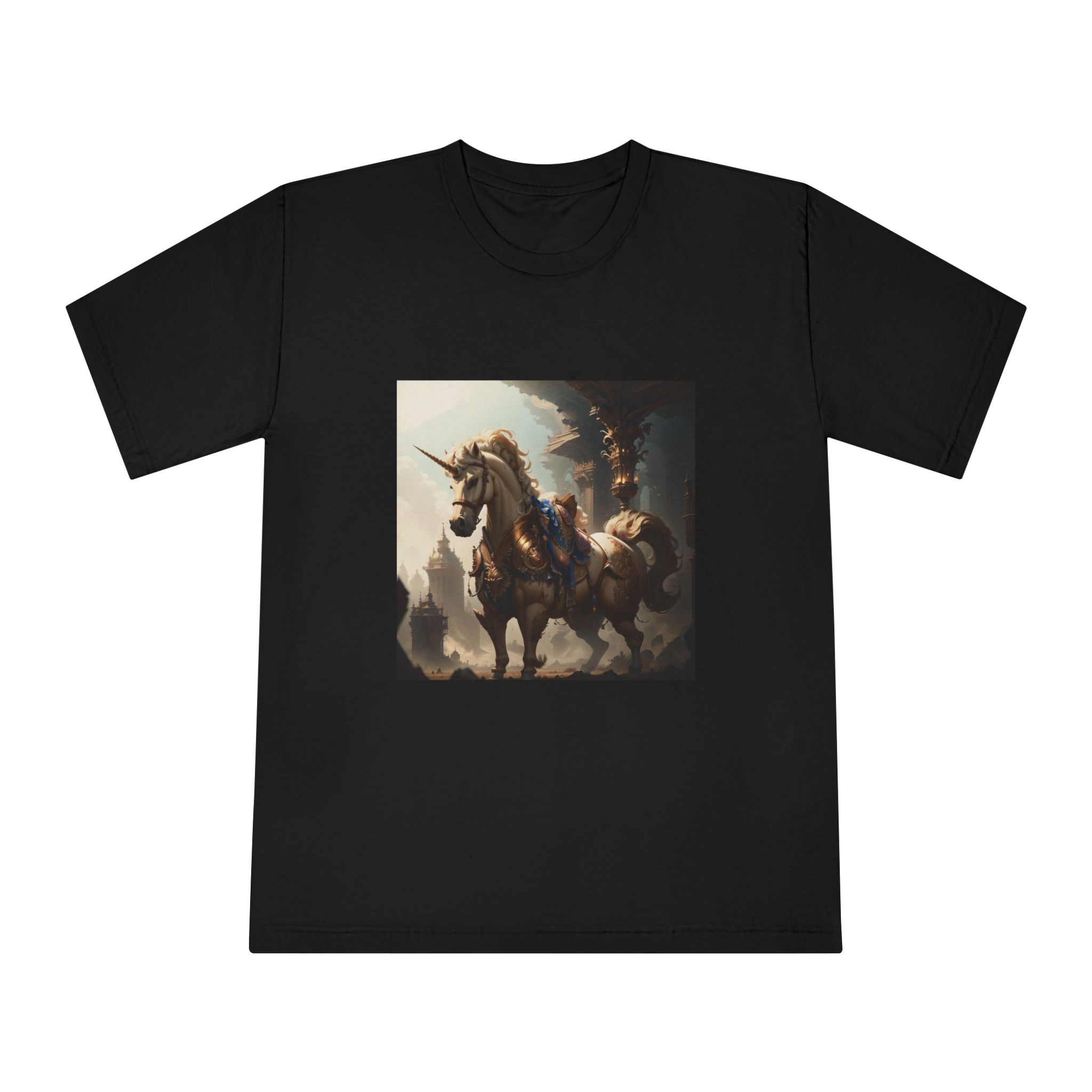 Unicorn With Sword Its Back Is Standing Front Building Unisex Classic Crewneck T Shirt - Image 5
