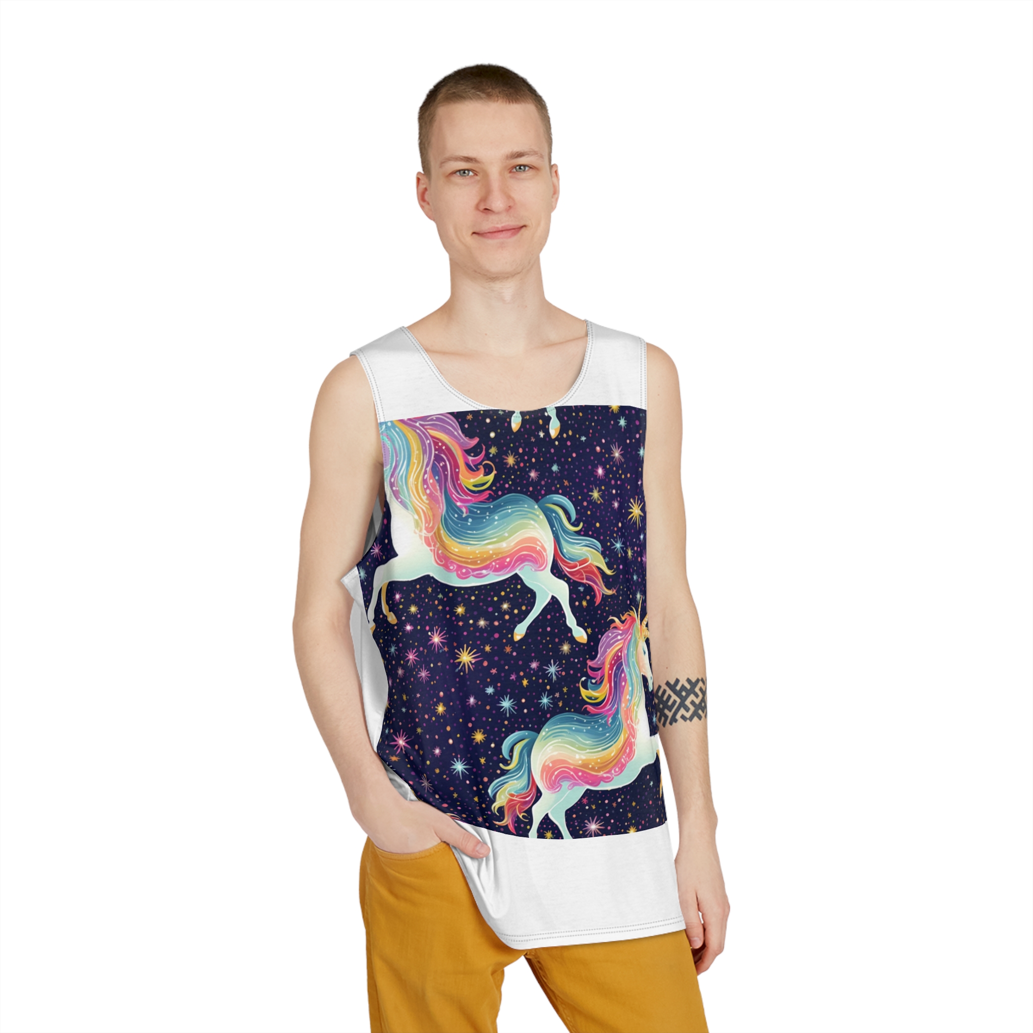 Seamless Pattern With Unicorns Stars Dark Background Generative Ai Mens Tank Aop - Image 3