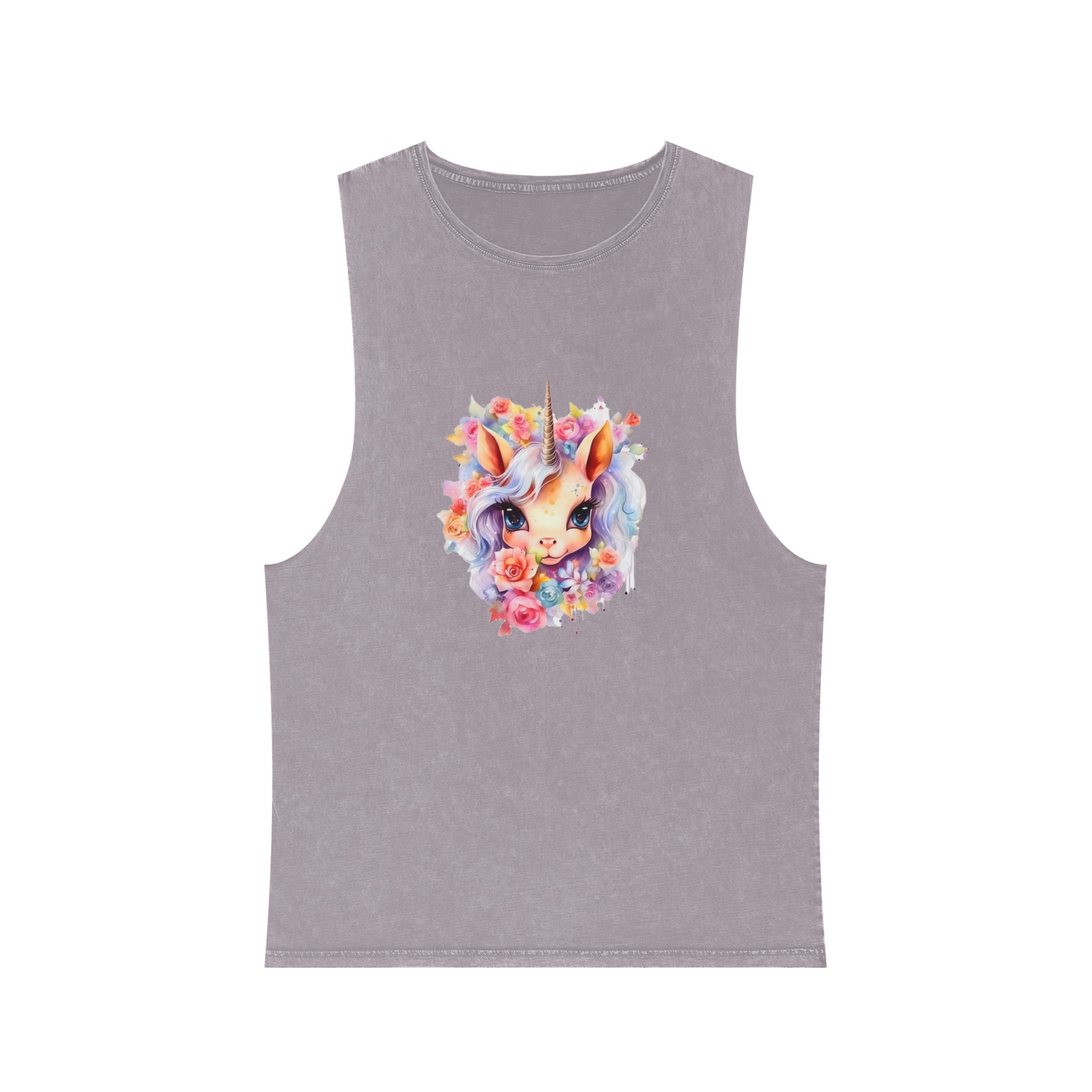 Cute Colorful Magic Unicorn With Flowers Watercolor Style (4) Copy Unisex Stonewash Tank Top - Image 17