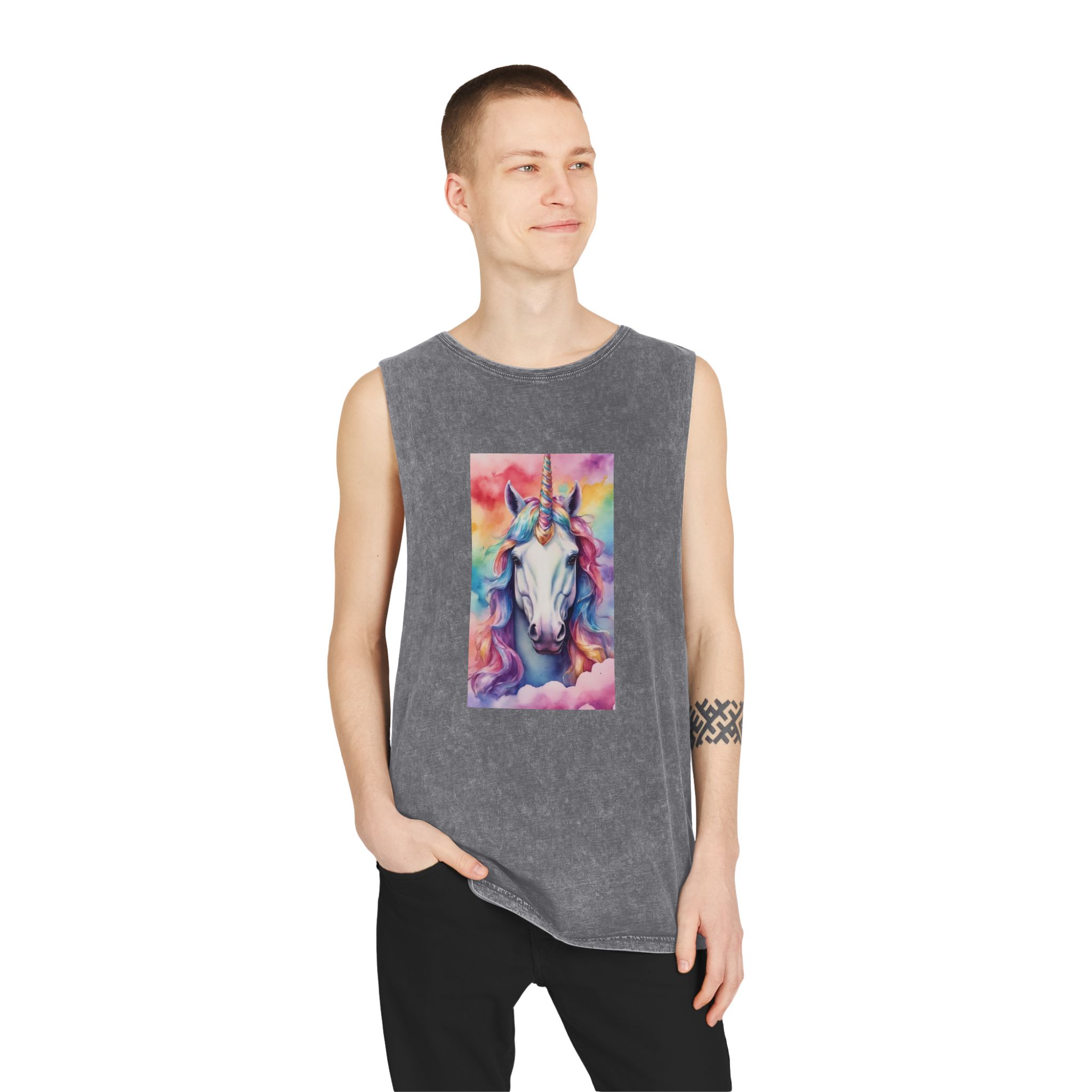 Rainbow Pastel Unicorn Candy Watercolor Background Social Media Template Etc Unisex Stonewash Tank Top - Image 11