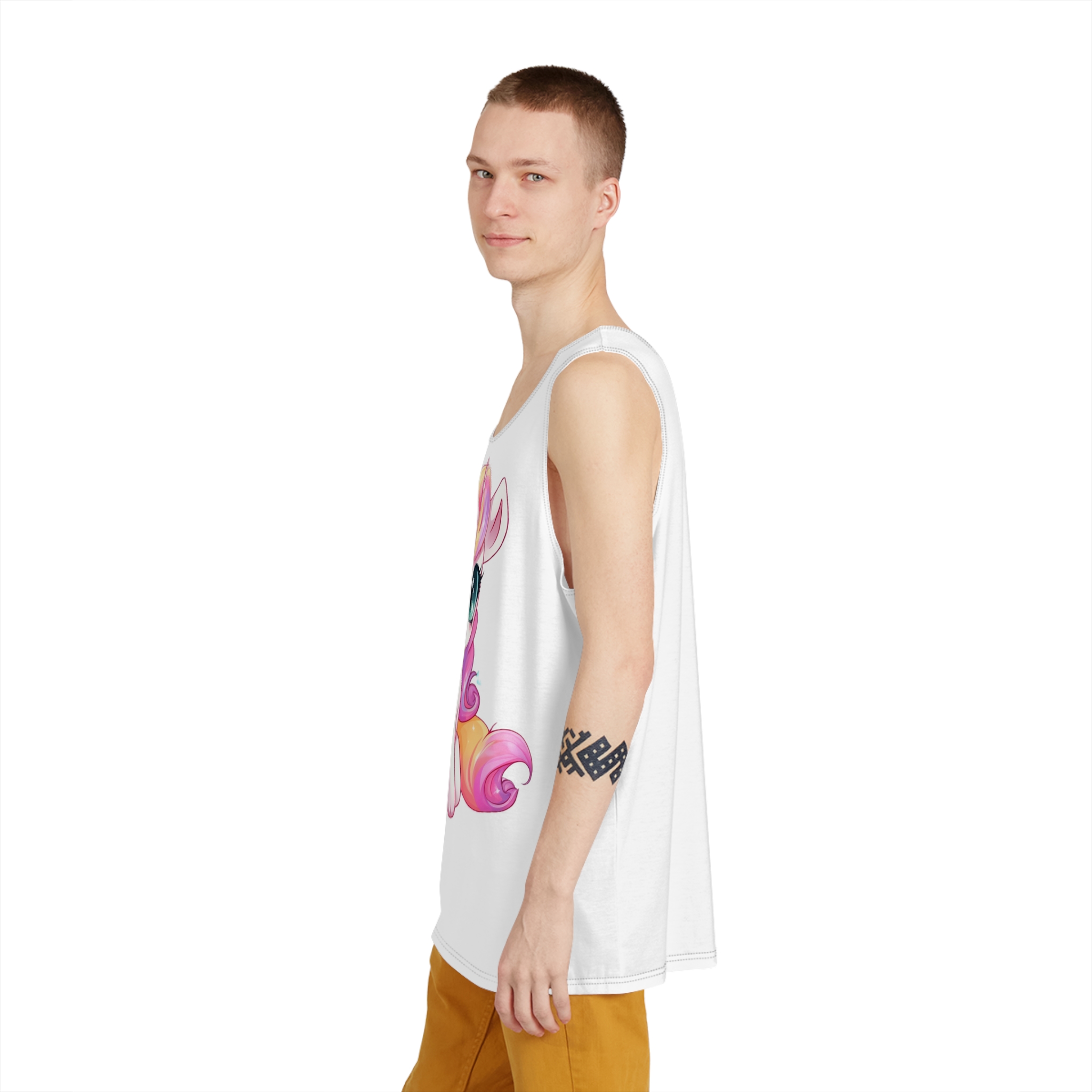 Cartoon Unicorn With Pink Hair Rainbow Mane Sitting Ground Generative Ai Mens Tank Aop