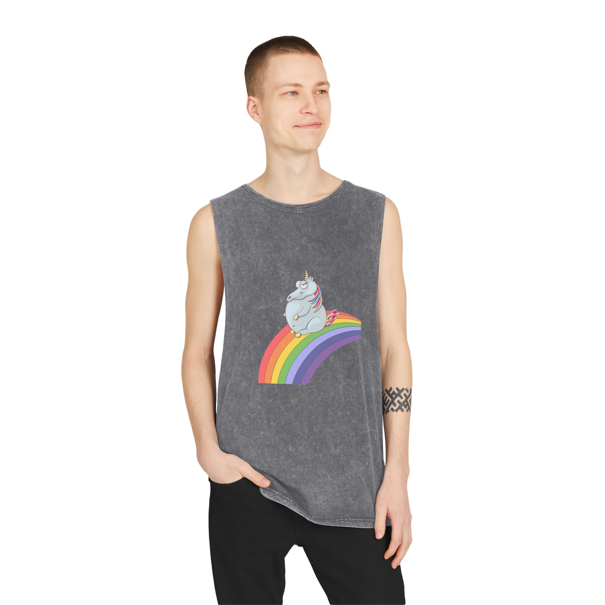 Unicorn and Rainbow Childrens Tale Magic Art Flat Unisex Stonewash Tank Top - Image 11