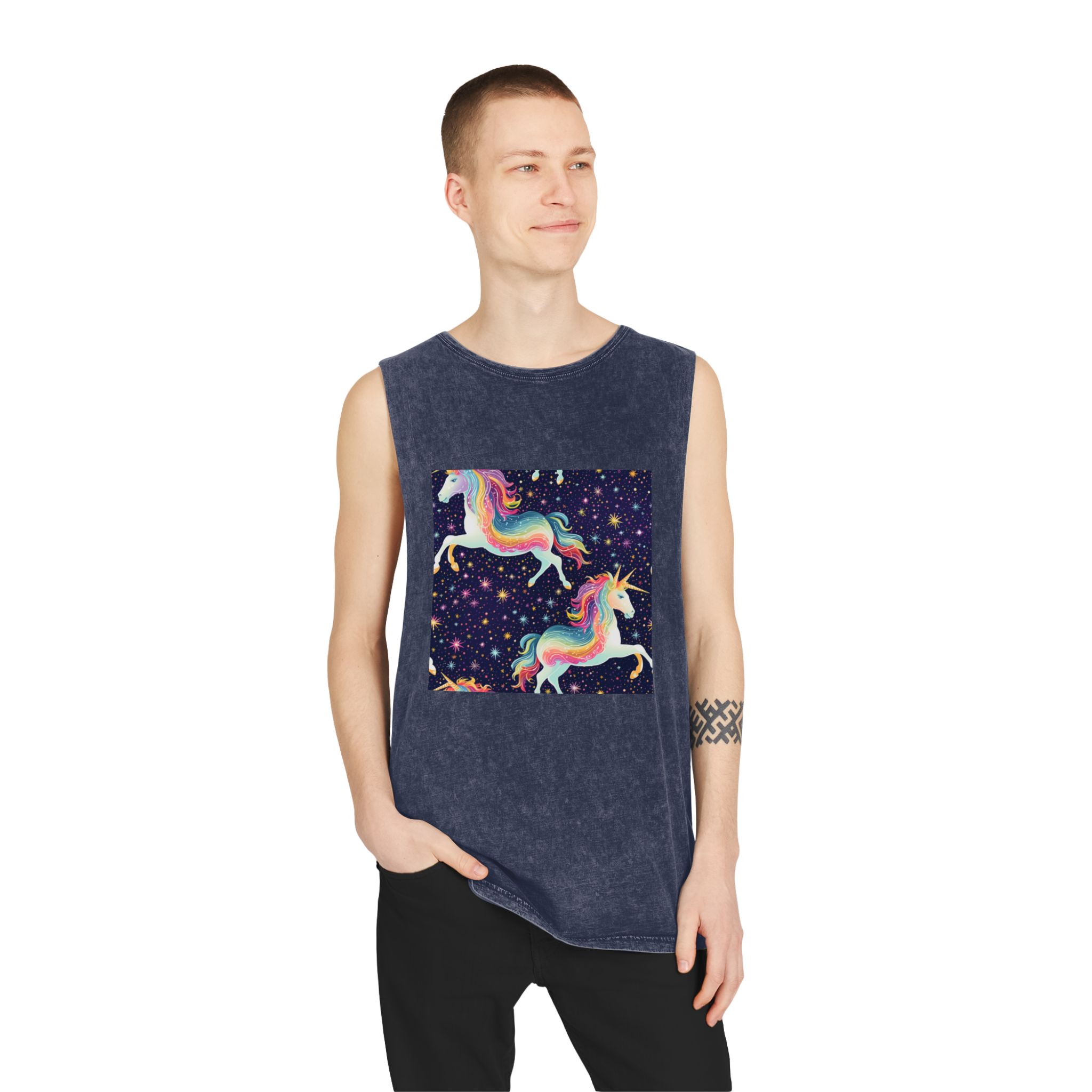 Seamless Pattern With Unicorns Stars Dark Background Generative Ai Unisex Stonewash Tank Top - Image 15
