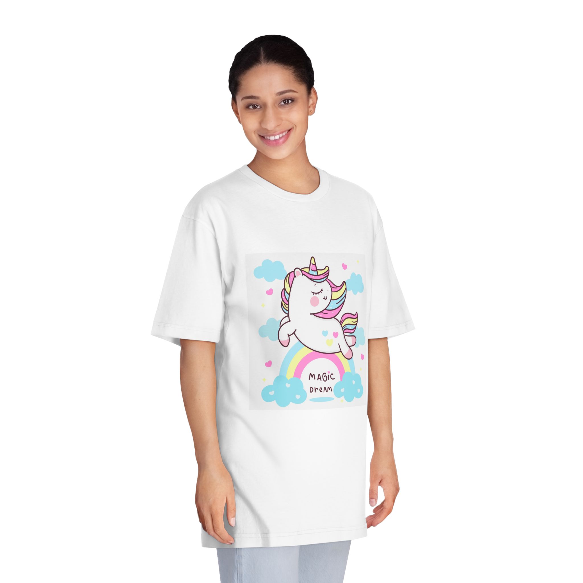 Cute Unicorn Pegasus Vector Fly On Sky With Rainbow Sweet Heart and Cloud Pony Cartoon Pastel Background Valentines Day Unisex Classic Crewneck T Shirt - Image 3