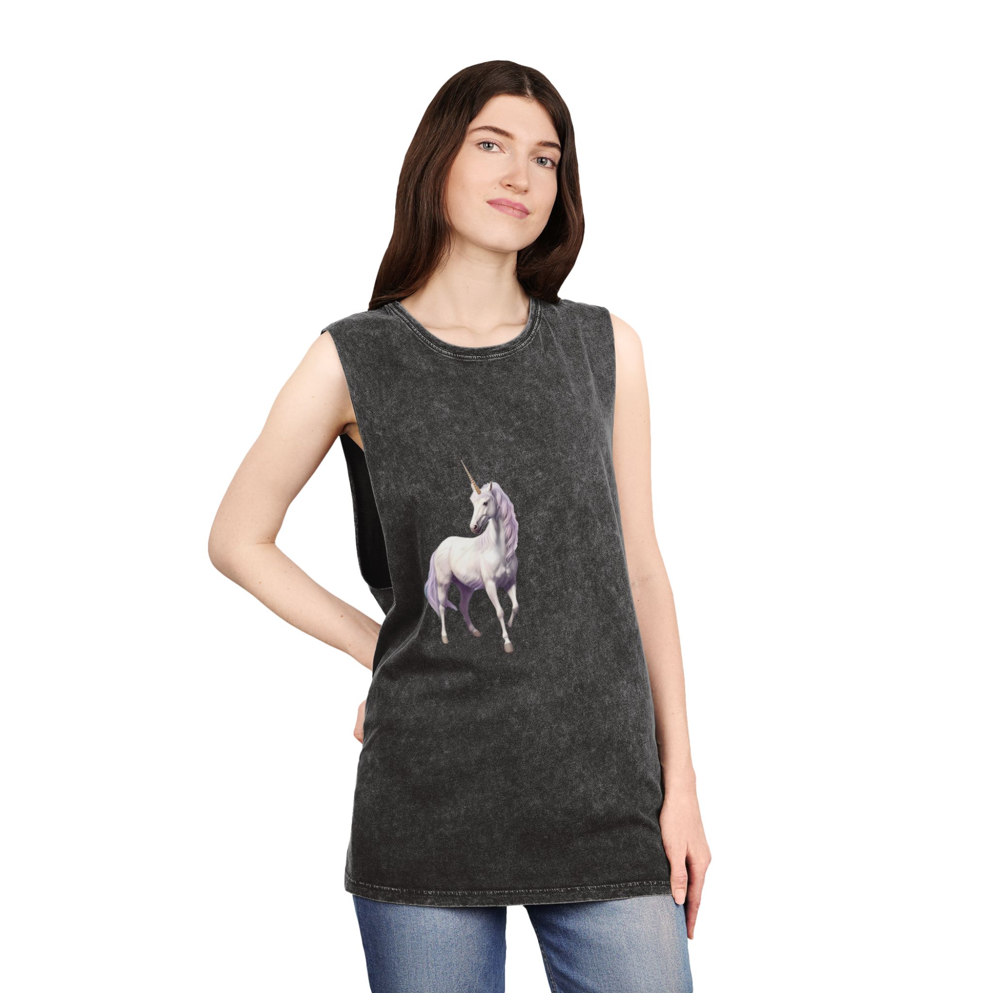 Unicorn Standing Field Flowers With Mountains Background Generative Ai Unisex Stonewash Tank Top - Image 4
