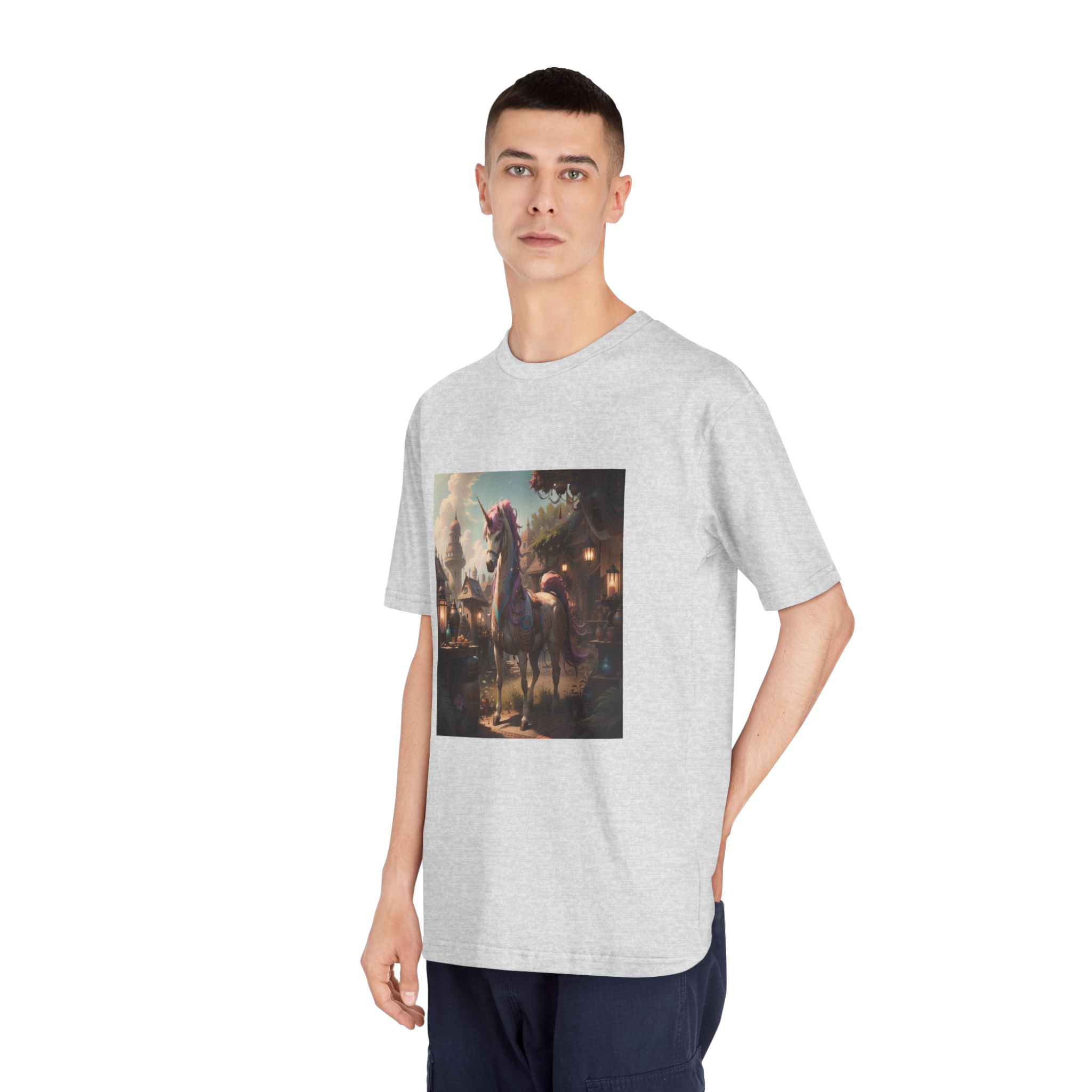 Unicorn With Purple Mane Stands Front Small Town With Lamp Post Unisex Classic Crewneck T Shirt - Image 16