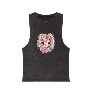 Cute Colorful Magic Unicorn With Flowers Watercolor Style (7) Unisex Stonewash Tank Top