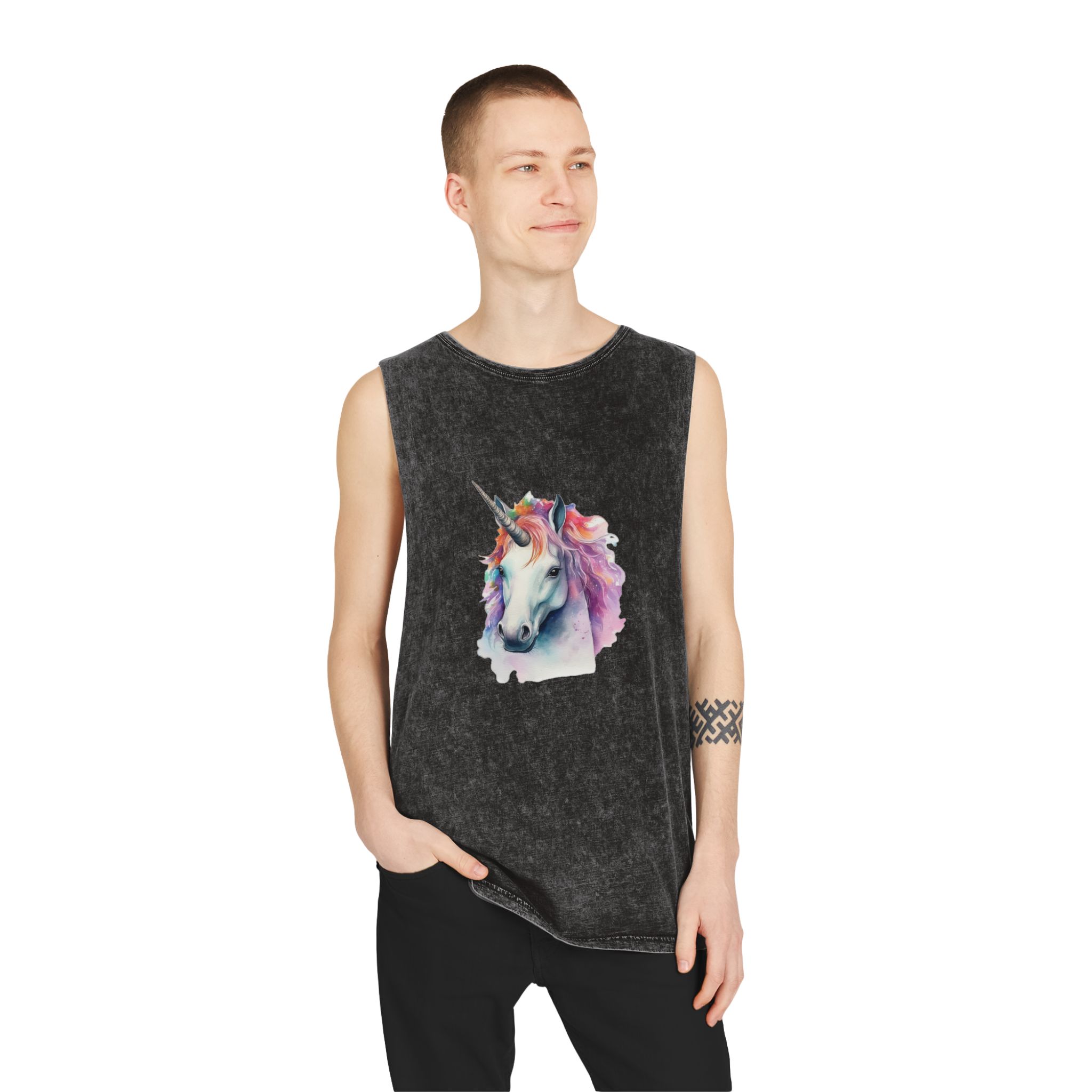 Painting Unicorn With Colorful Mane Long Mane Generative Ai (3) Unisex Stonewash Tank Top - Image 3