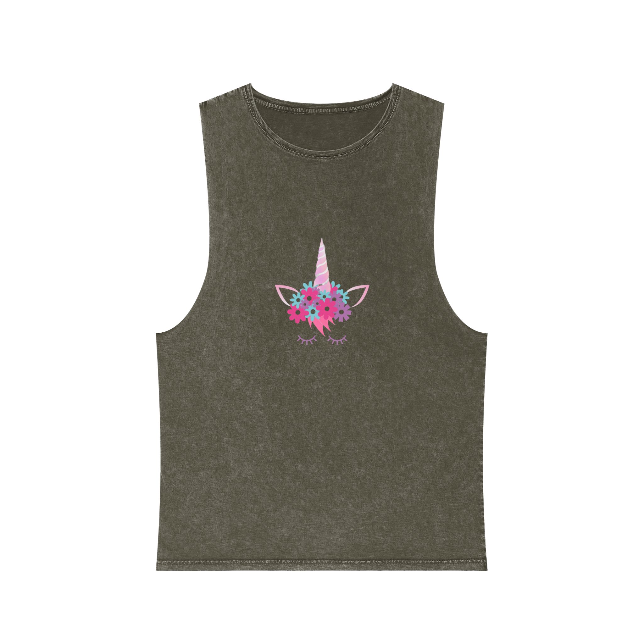 Unicorn Face Flowers Pink Unisex Stonewash Tank Top - Image 5